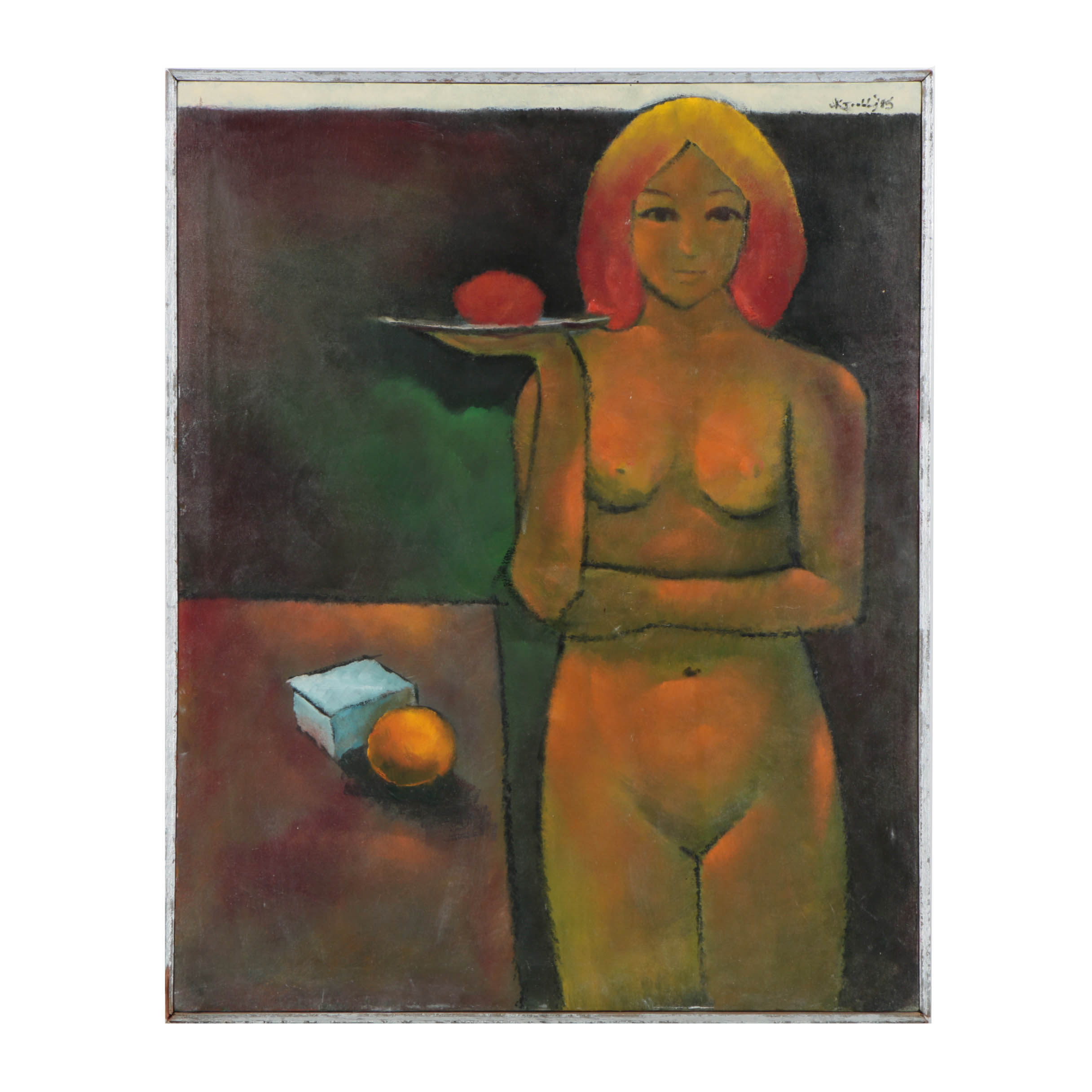 Modernist Style Oil Painting on Board of Nude Woman
