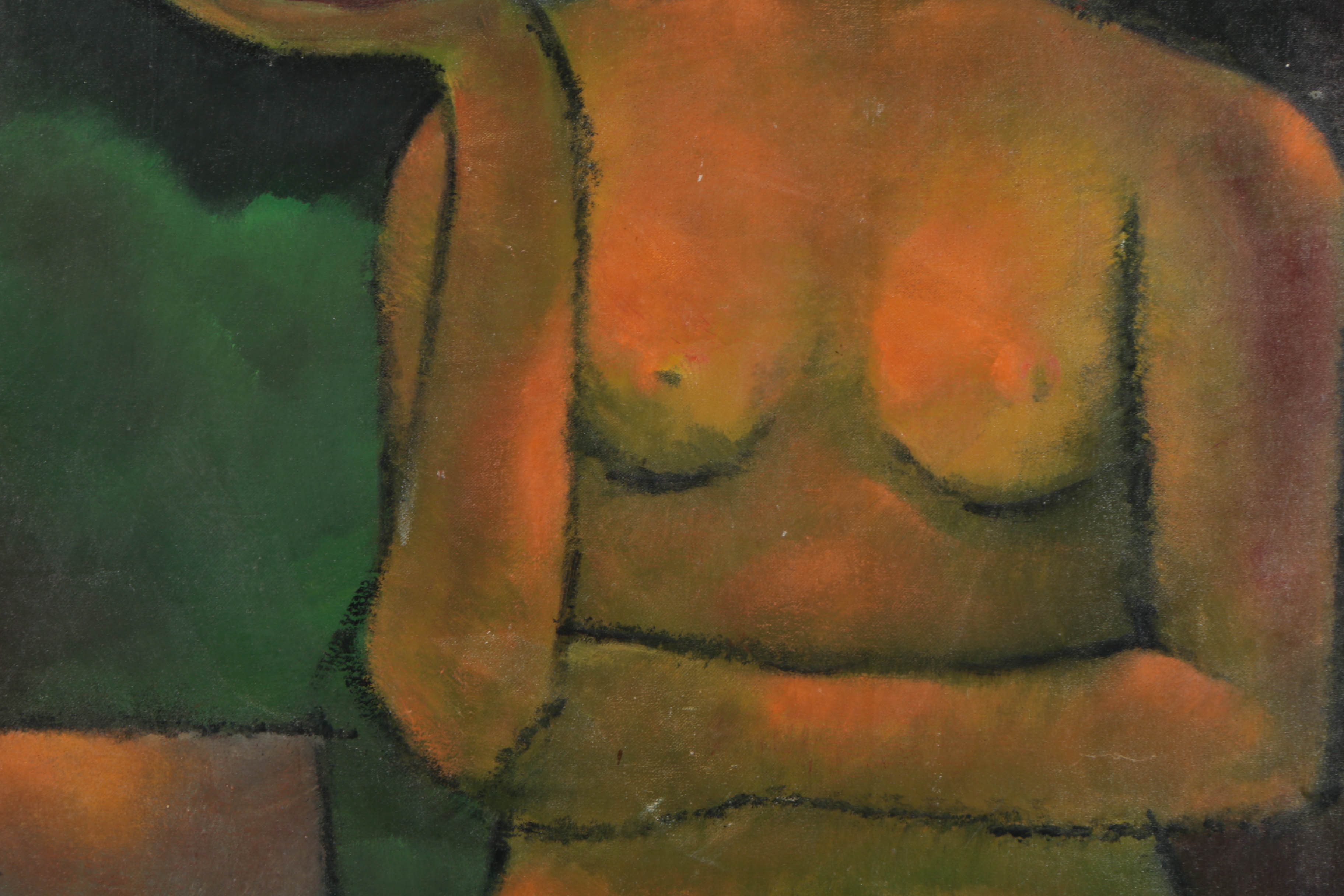 Modernist Style Oil Painting on Board of Nude Woman