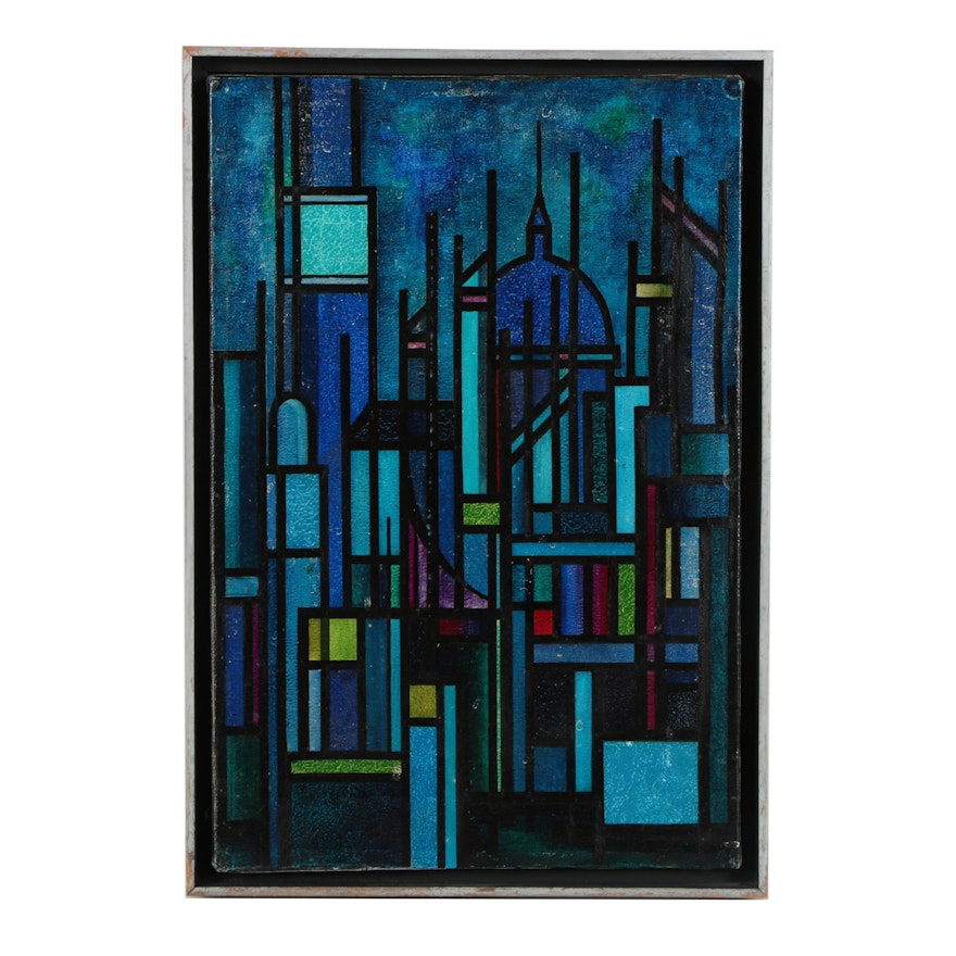 Mid-Century Oil Painting on Canvas of Abstract Cityscape