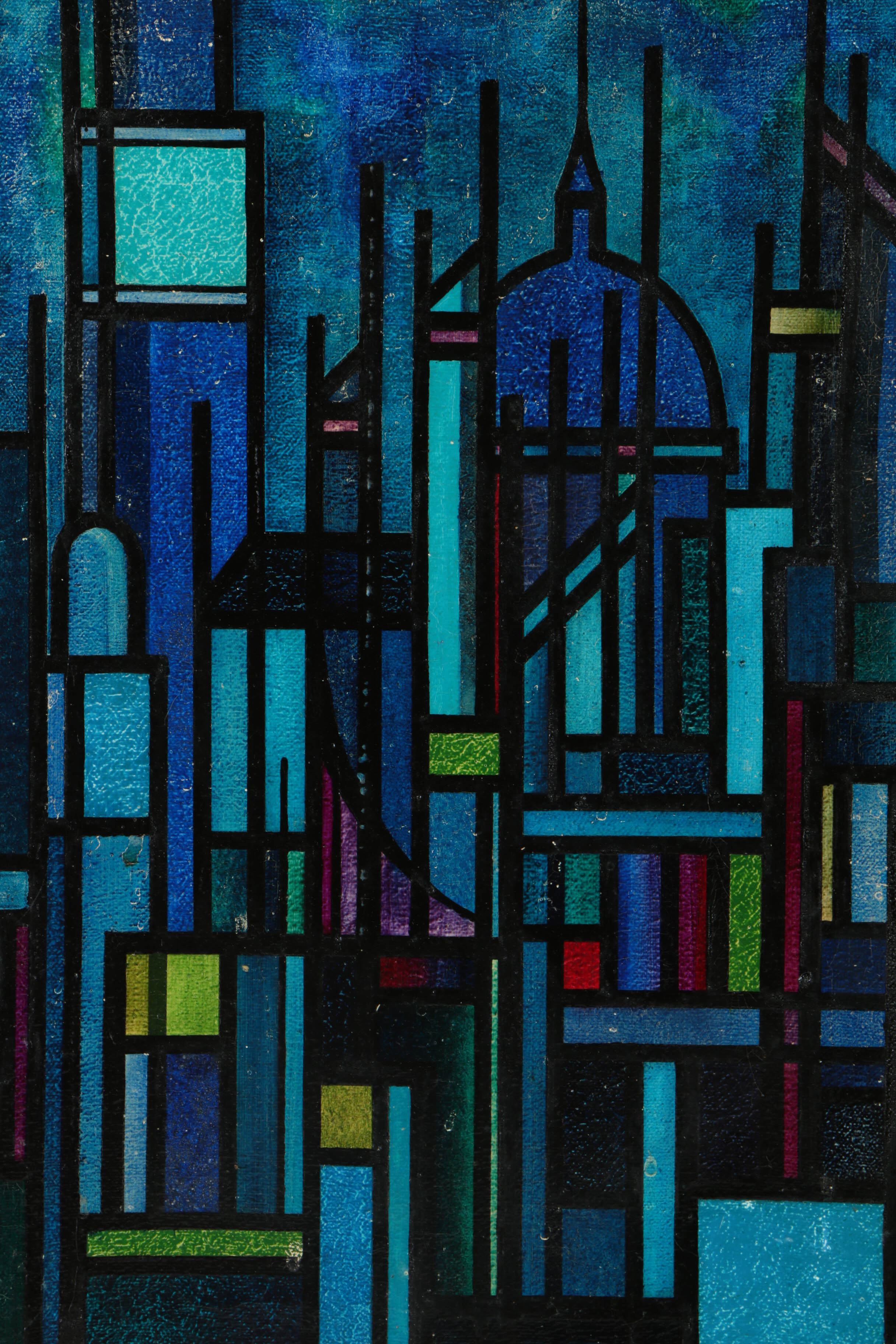 Mid-Century Oil Painting on Canvas of Abstract Cityscape
