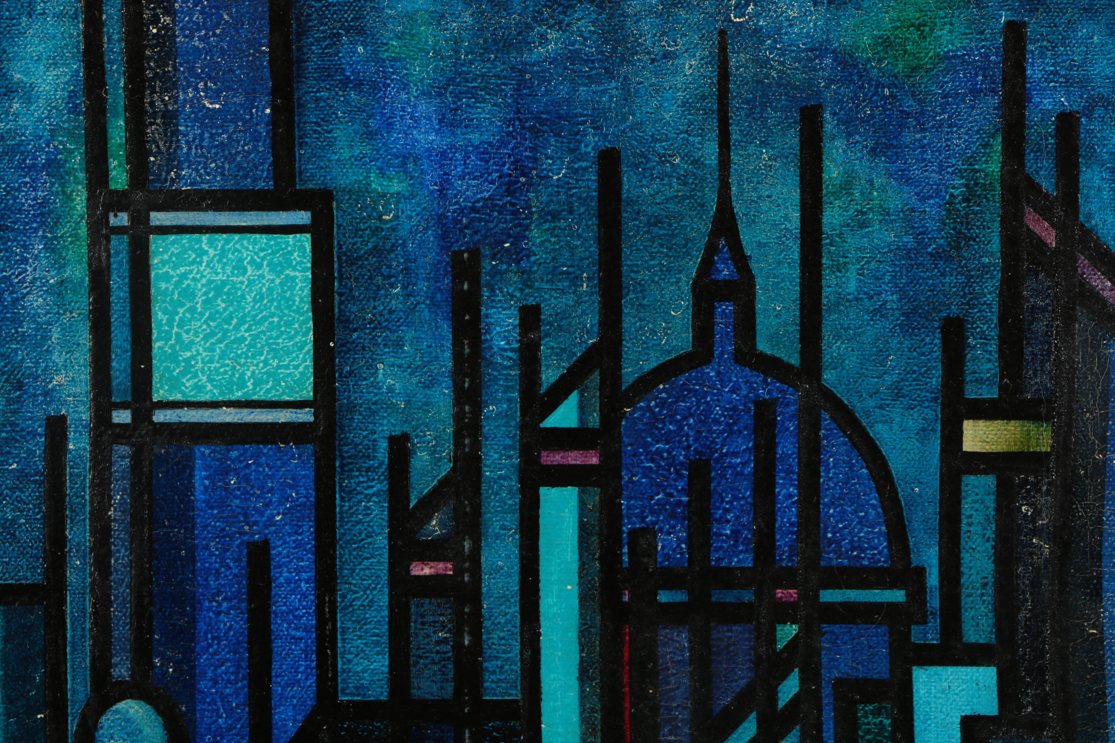 Mid-Century Oil Painting on Canvas of Abstract Cityscape