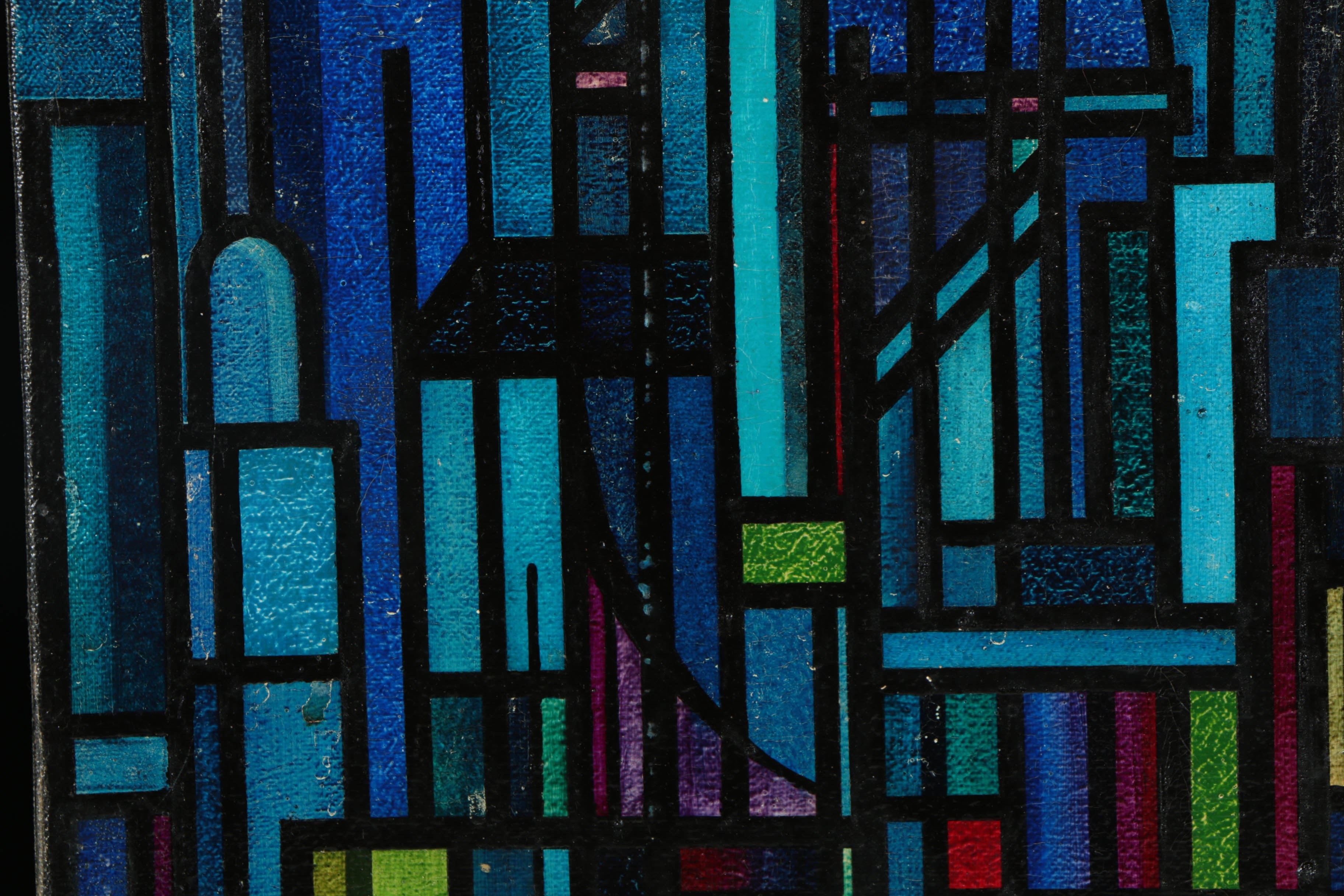 Mid-Century Oil Painting on Canvas of Abstract Cityscape