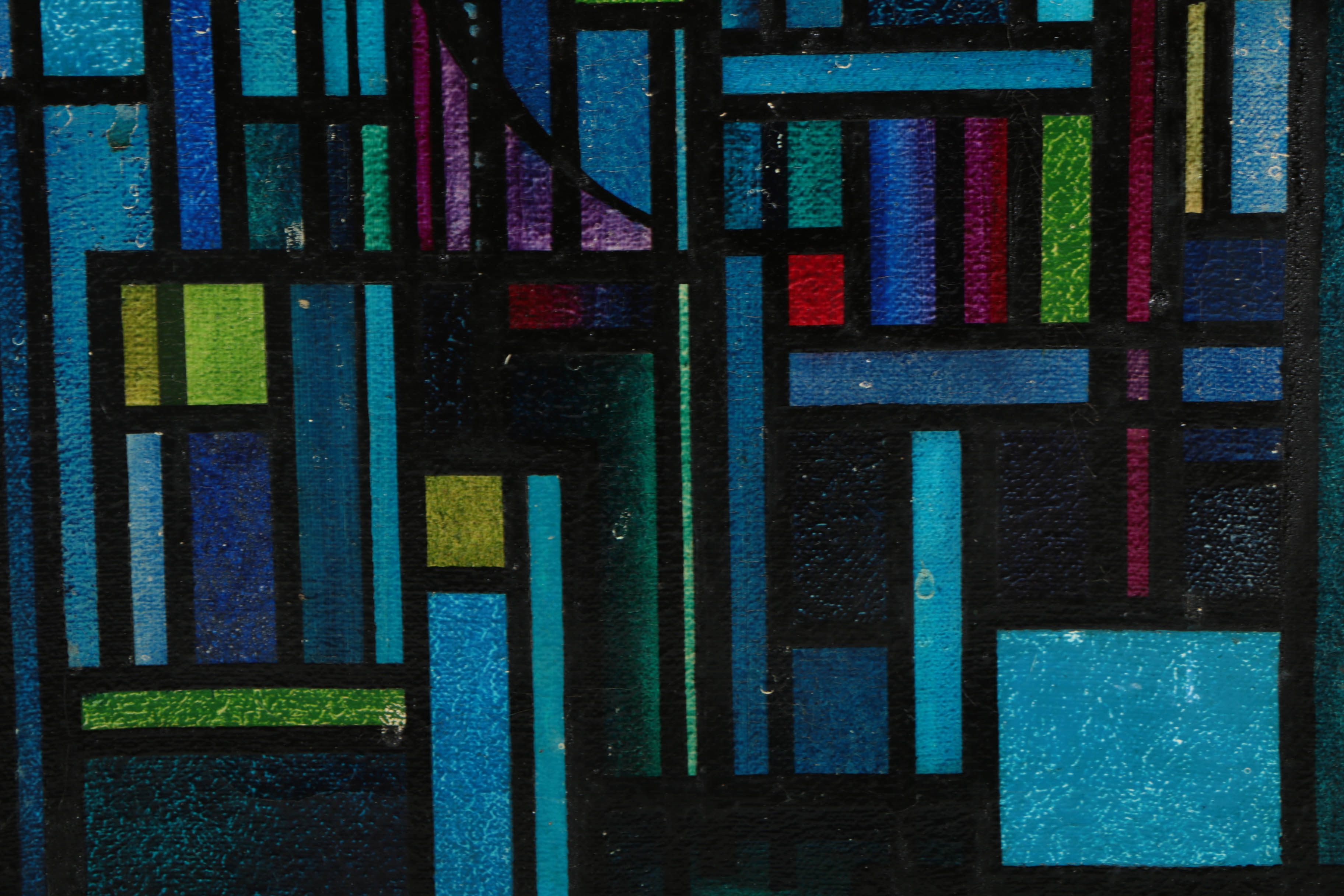 Mid-Century Oil Painting on Canvas of Abstract Cityscape