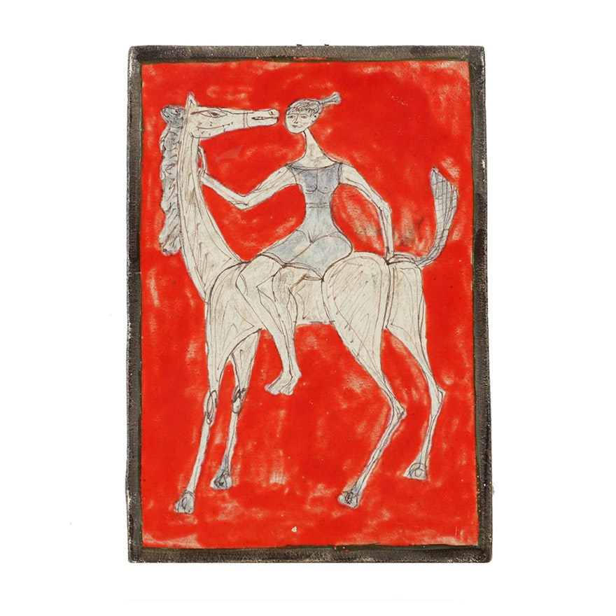 Giovanni Petucco Ceramic Wall Tile of Woman on a Horse