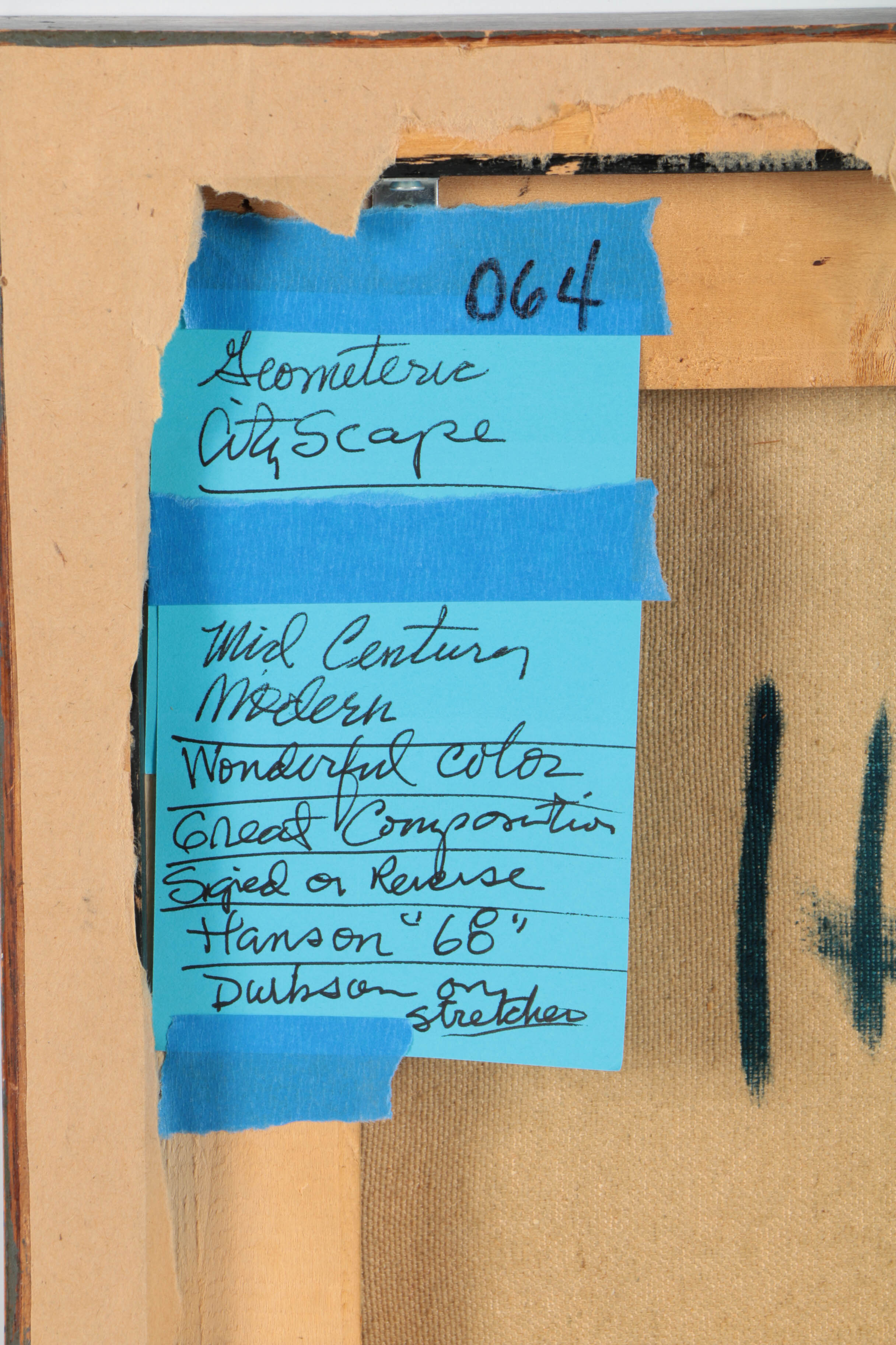 Mid-Century Oil Painting on Canvas of Abstract Cityscape