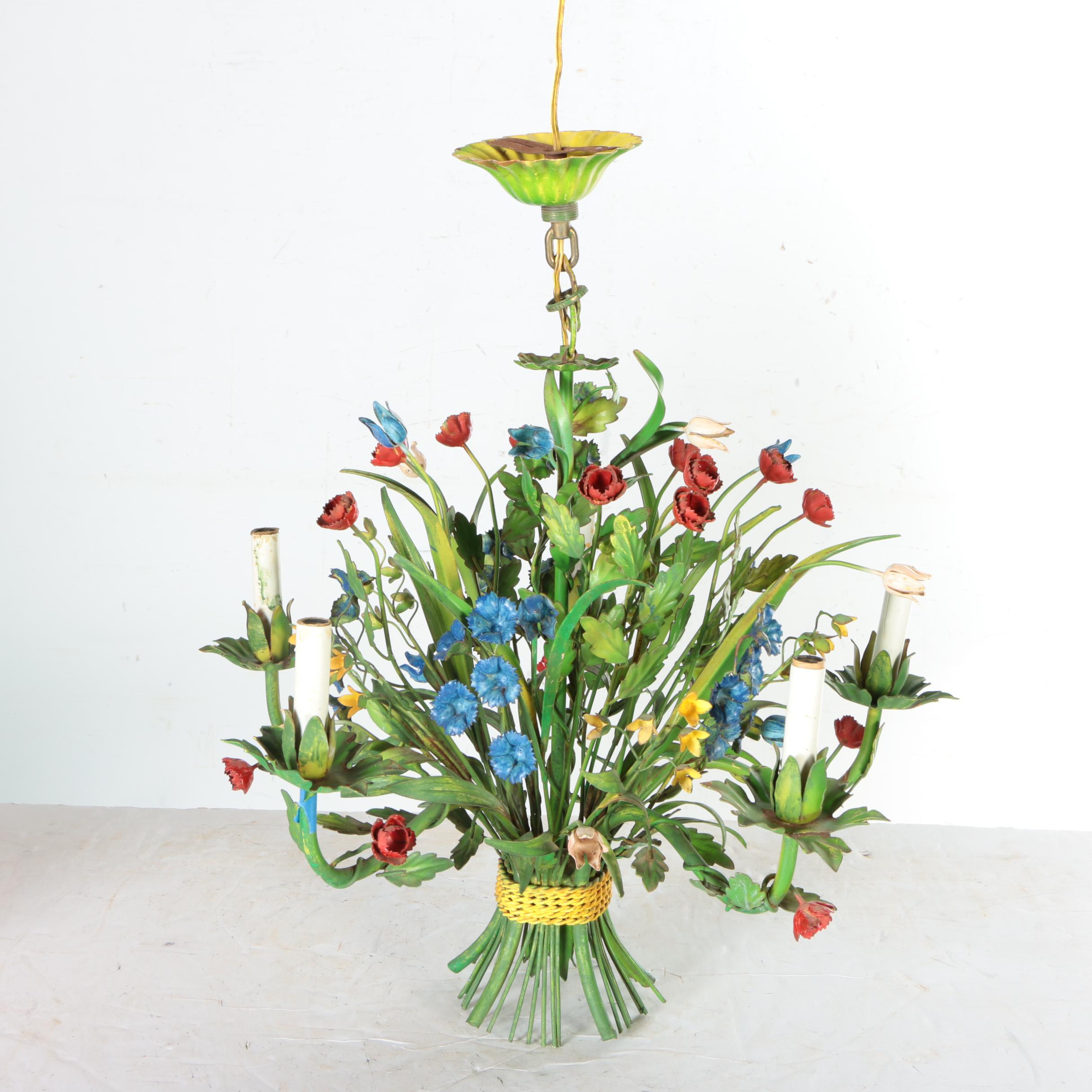 Italian Tole Painted Metal Floral Chandelier
