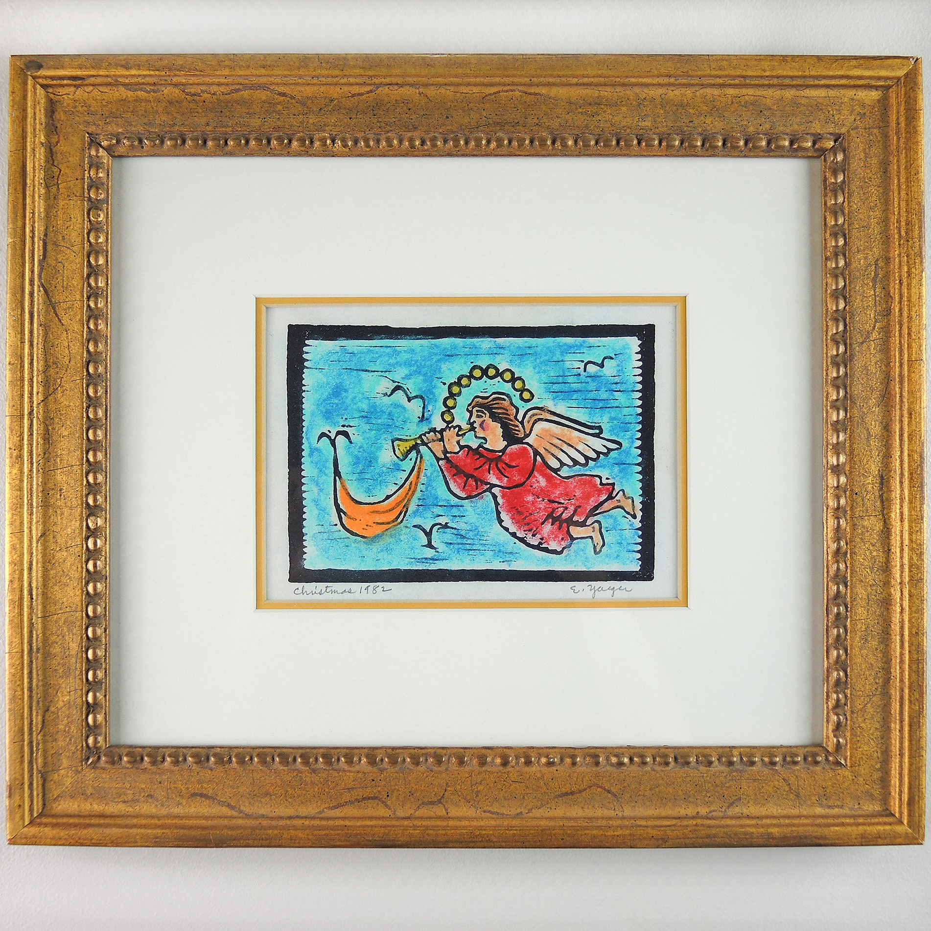 Edgar Louis Yaeger Hand Colored Woodblock Print of an Angel