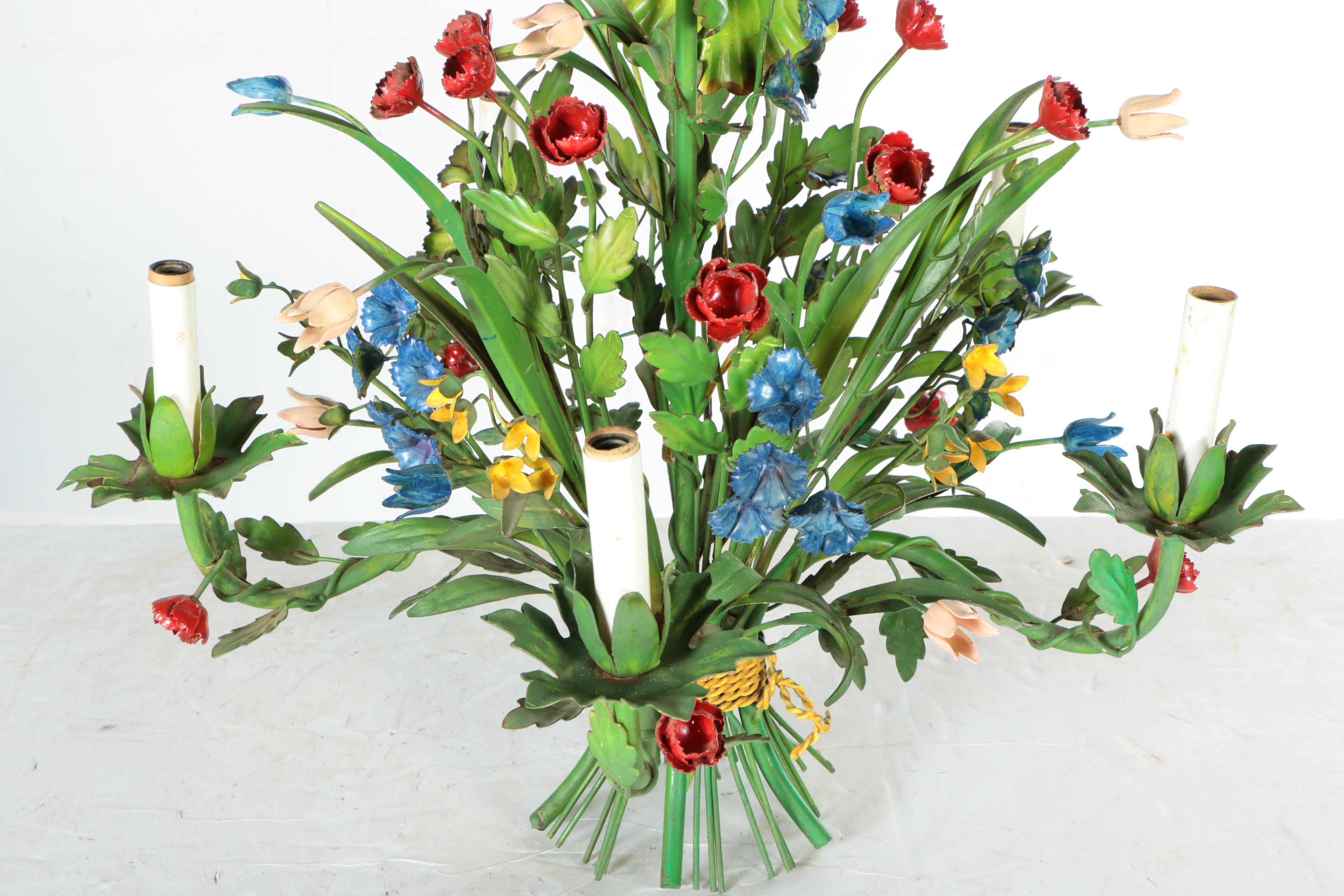 Italian Tole Painted Metal Floral Chandelier