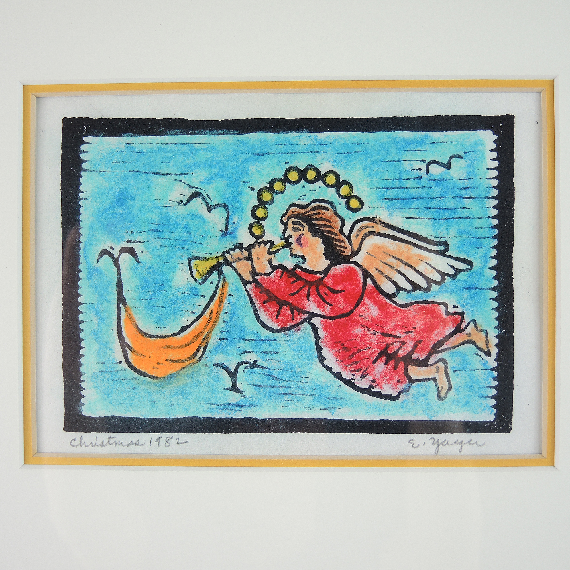 Edgar Louis Yaeger Hand Colored Woodblock Print of an Angel