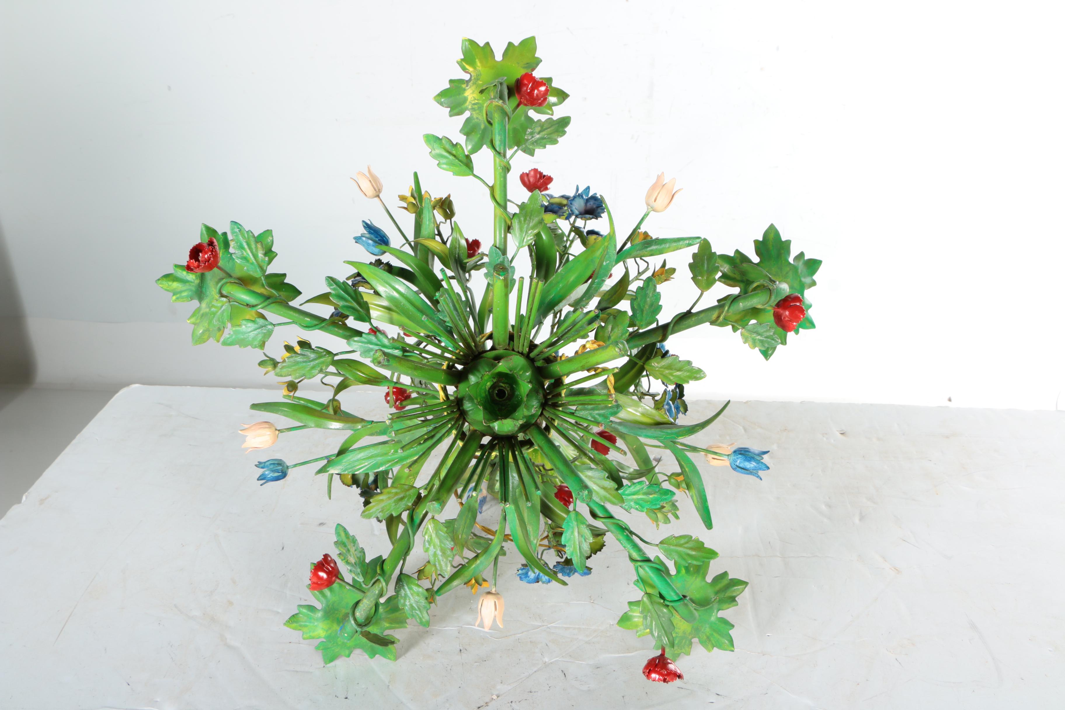 Italian Tole Painted Metal Floral Chandelier
