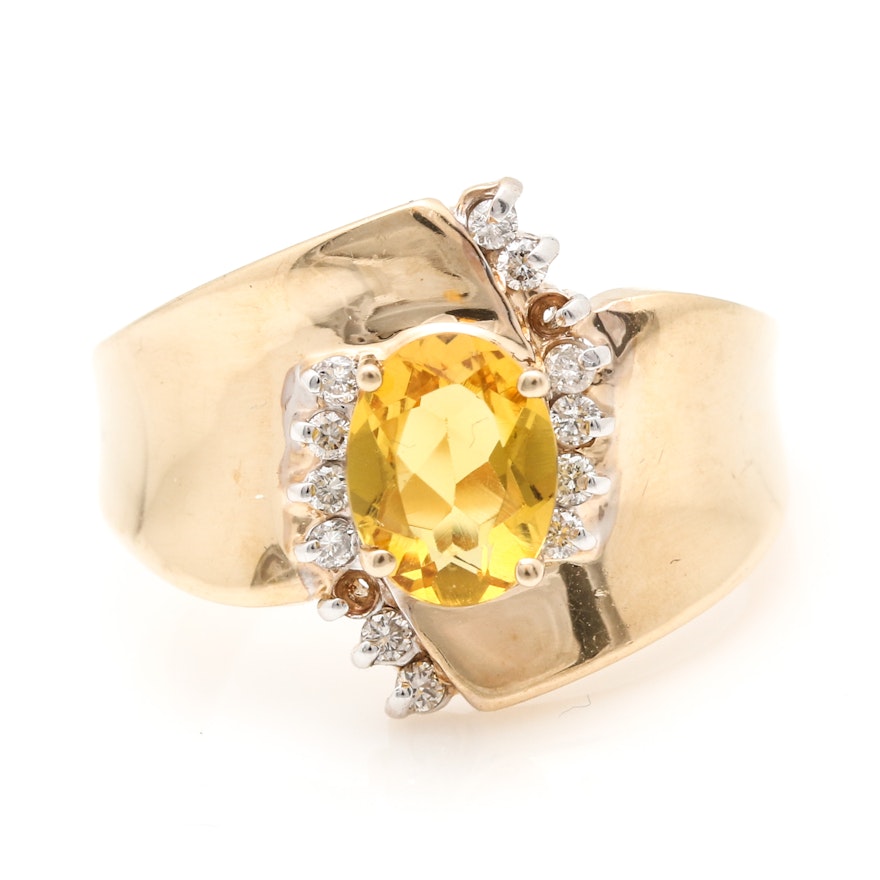 14K Yellow Gold Yellow Beryl Heliodor and Diamond Ring