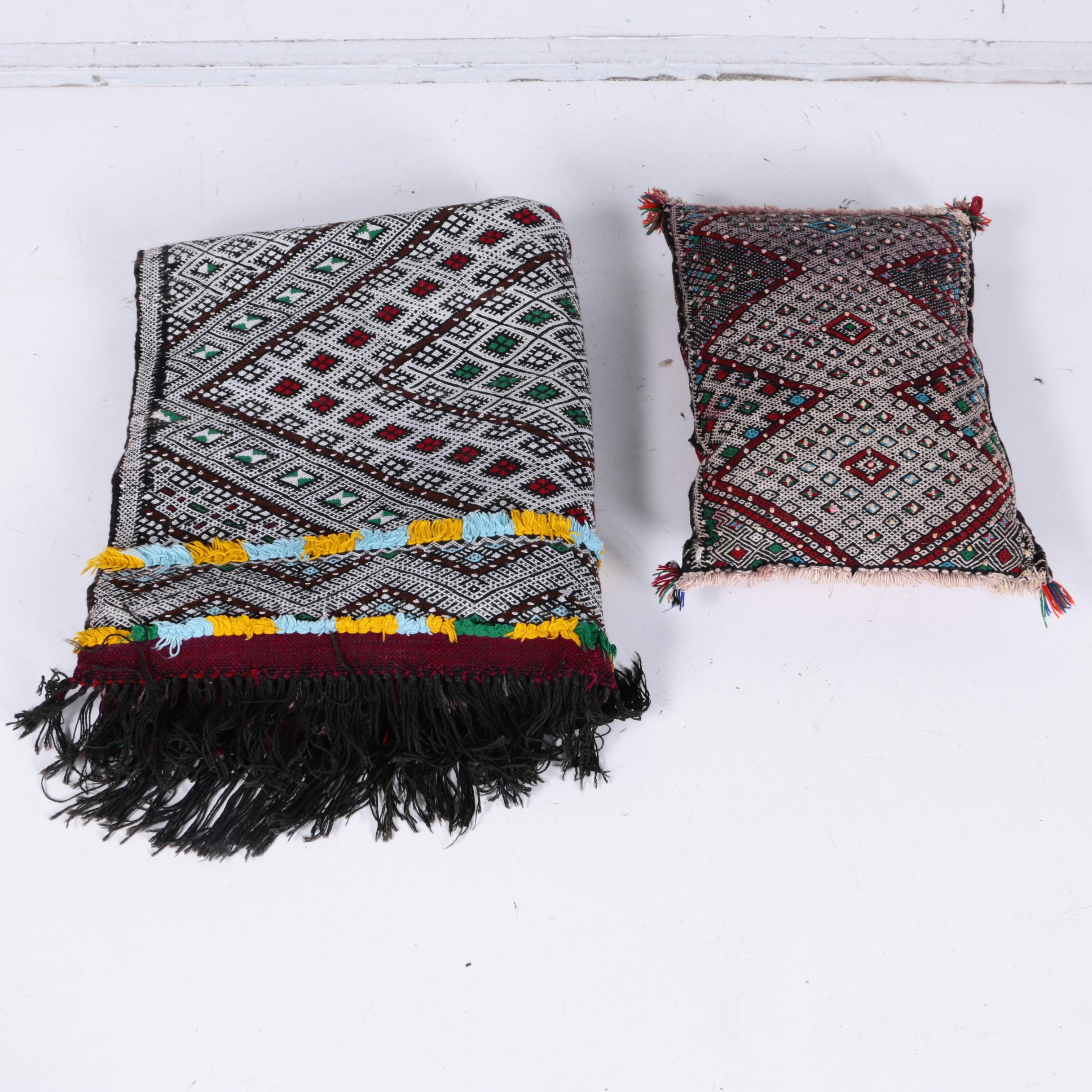 Handwoven and Embroidered Moroccan Area Rug and Throw Pillow