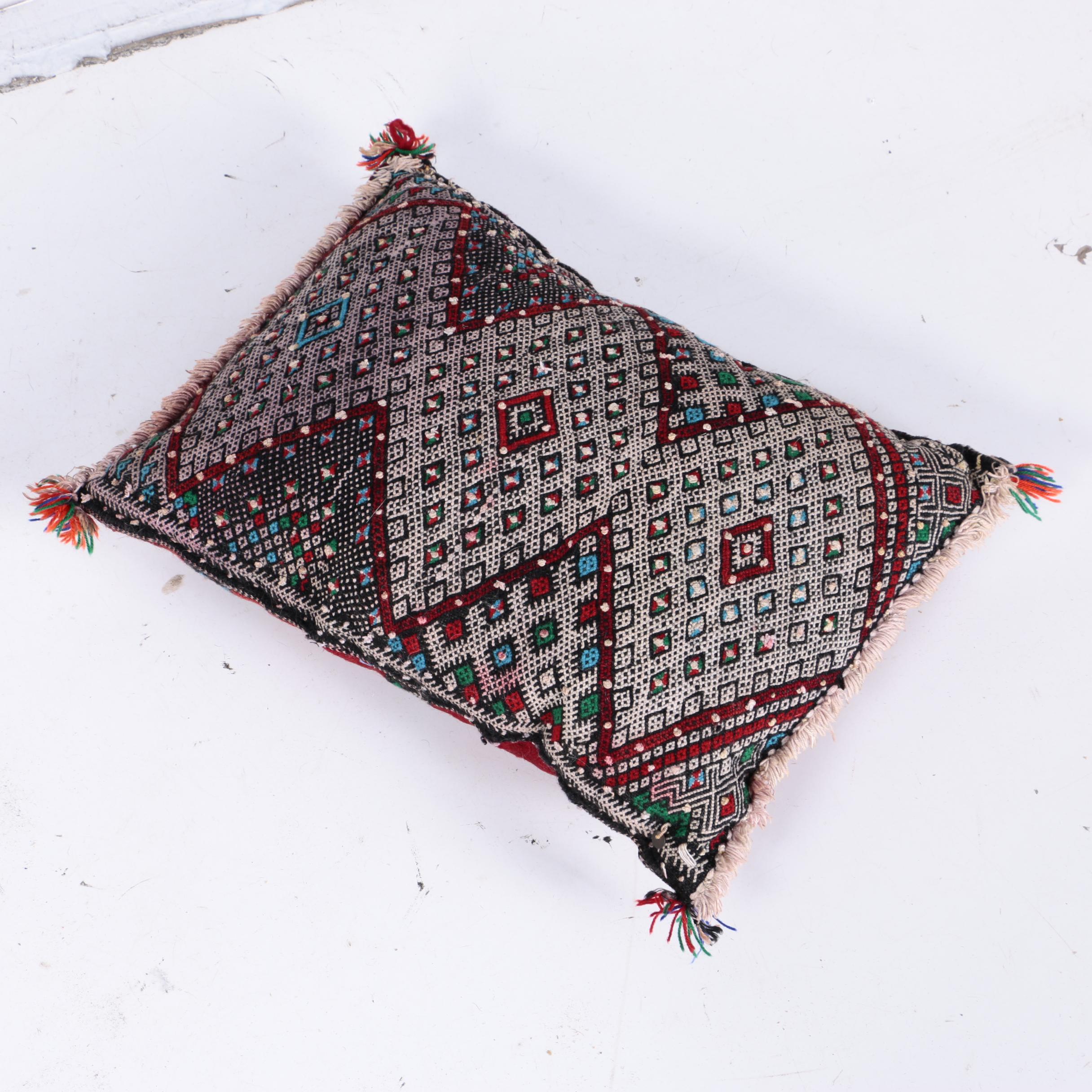 Handwoven and Embroidered Moroccan Area Rug and Throw Pillow