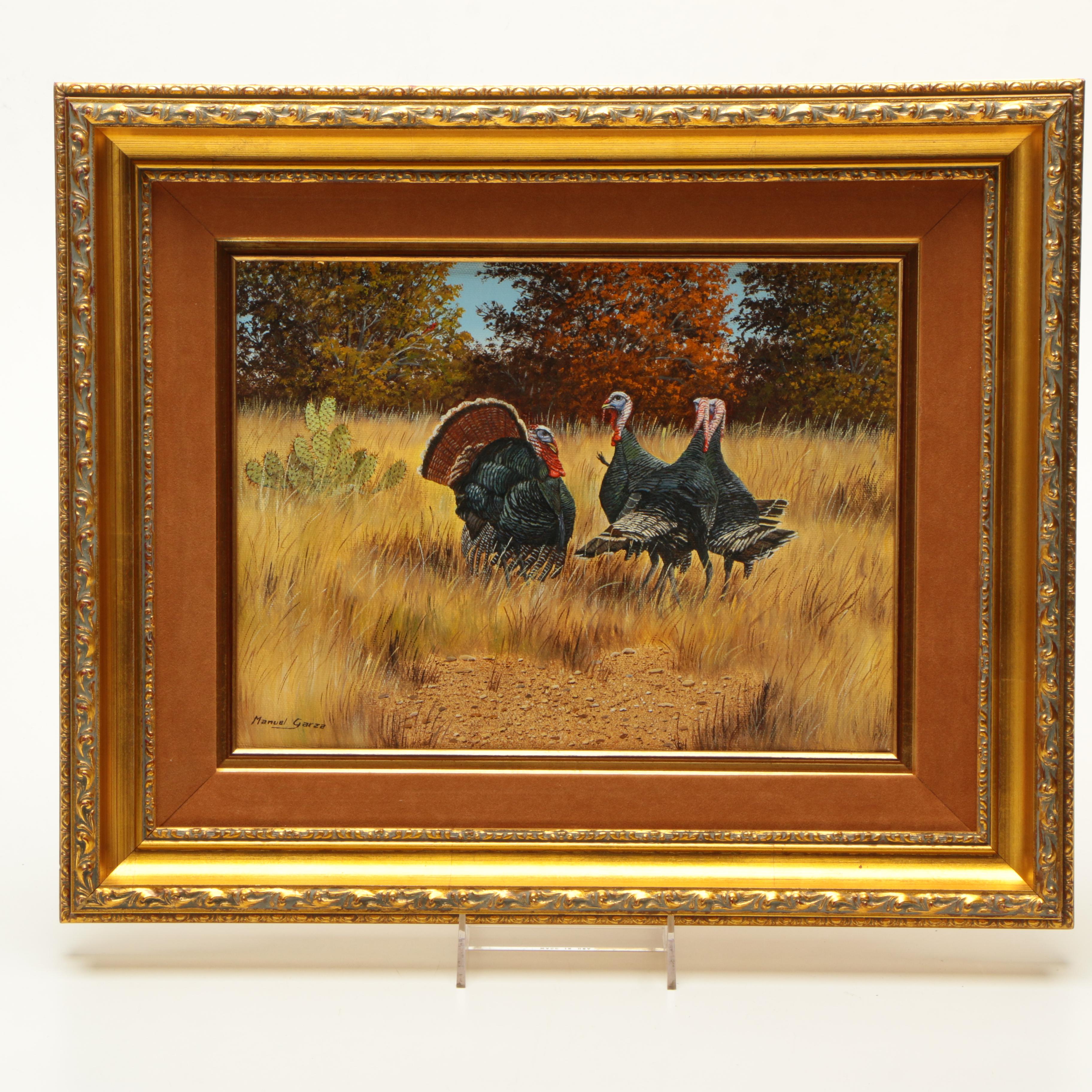 Manuel Garza Oil Painting on Canvas of Wild Turkeys in a Field of Yellow Grass