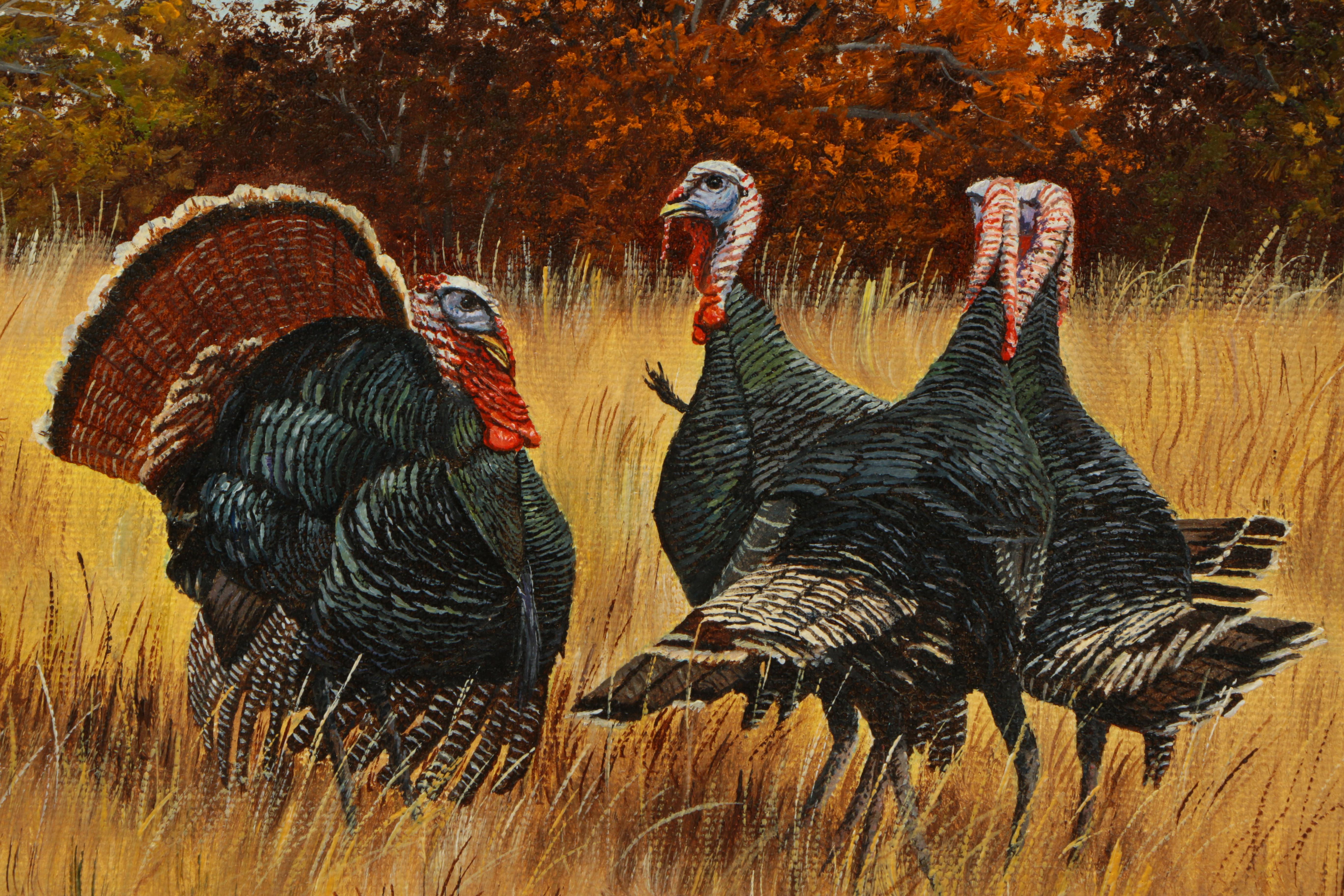 Manuel Garza Oil Painting on Canvas of Wild Turkeys in a Field of Yellow Grass