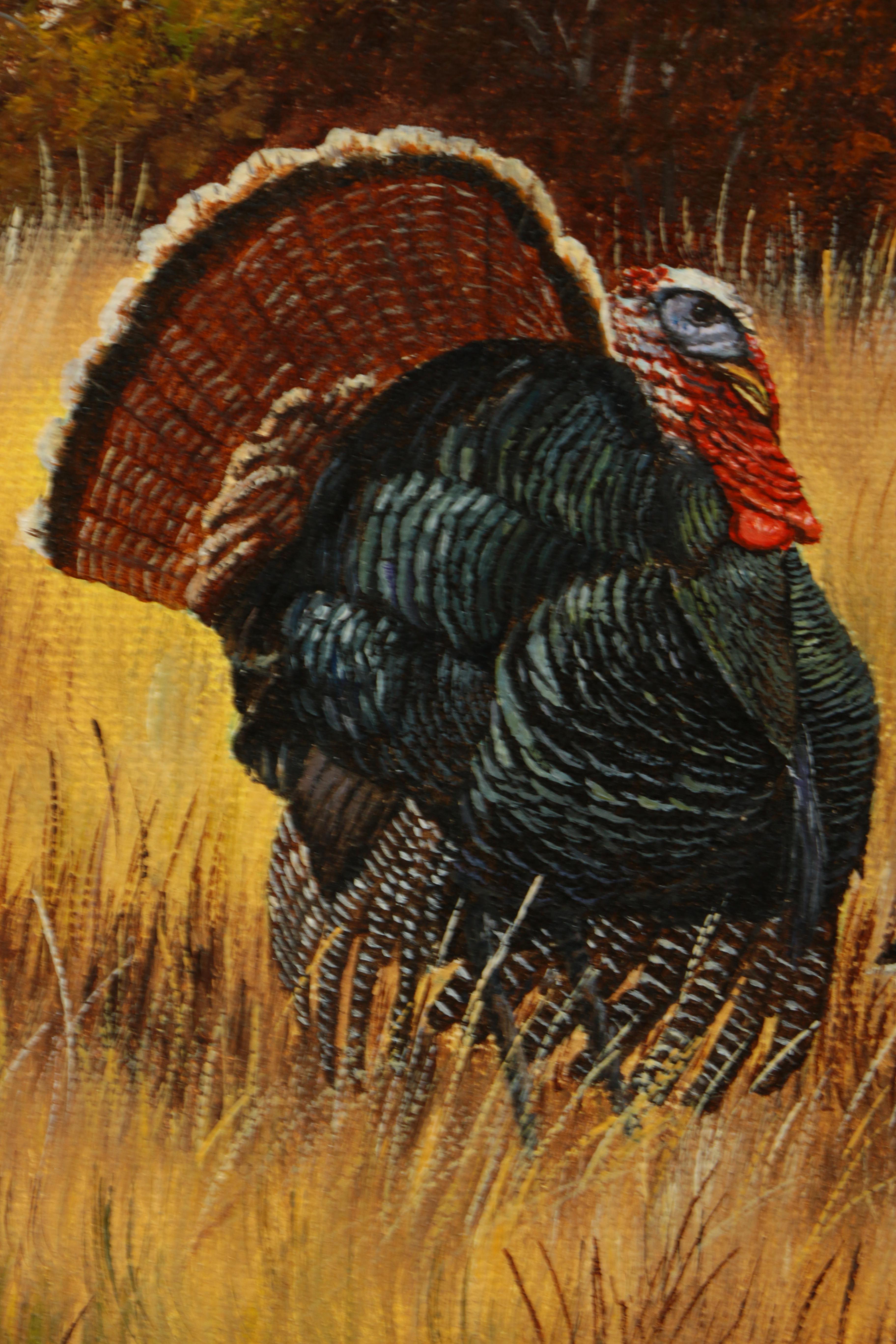 Manuel Garza Oil Painting on Canvas of Wild Turkeys in a Field of Yellow Grass