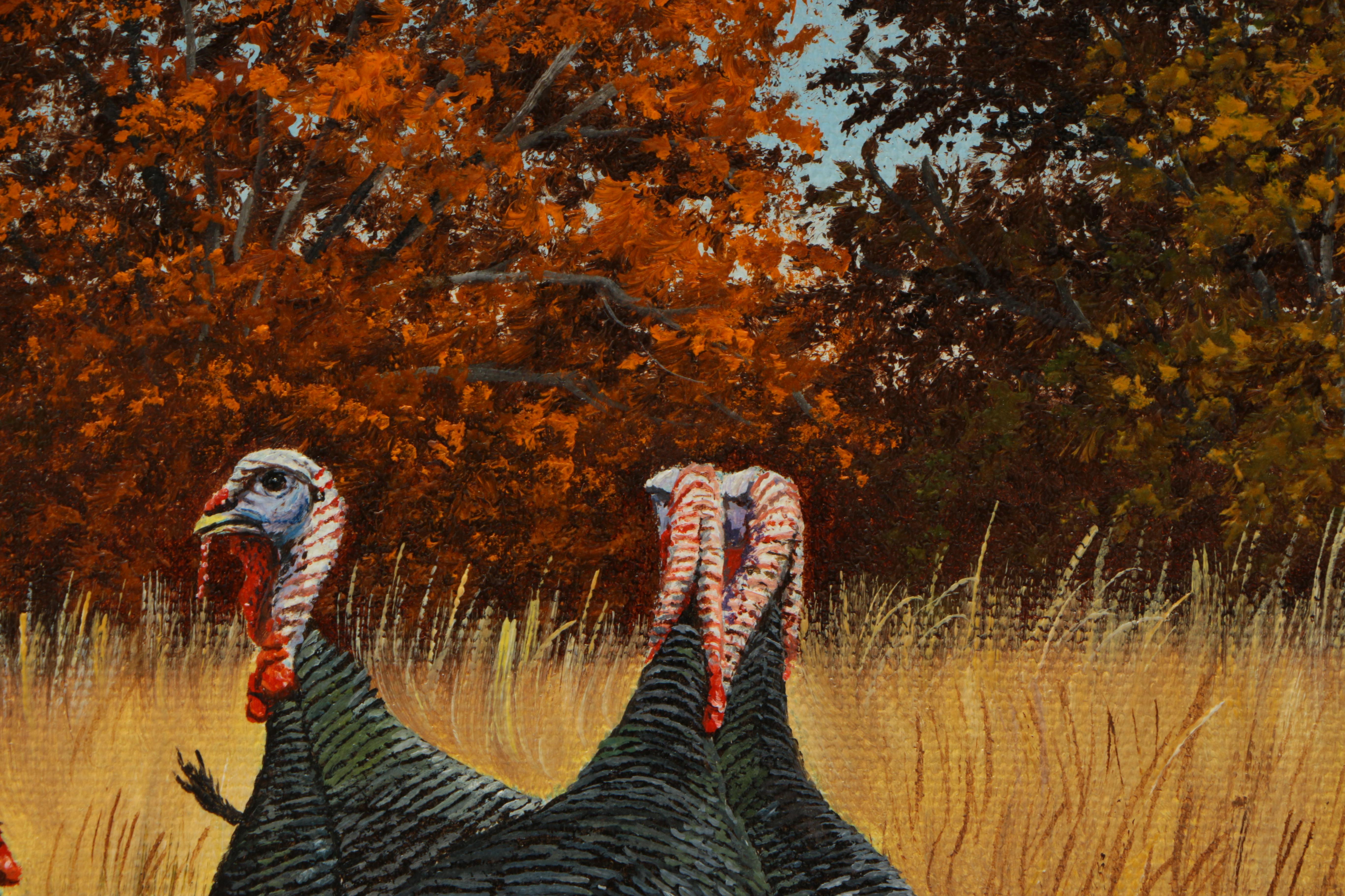 Manuel Garza Oil Painting on Canvas of Wild Turkeys in a Field of Yellow Grass