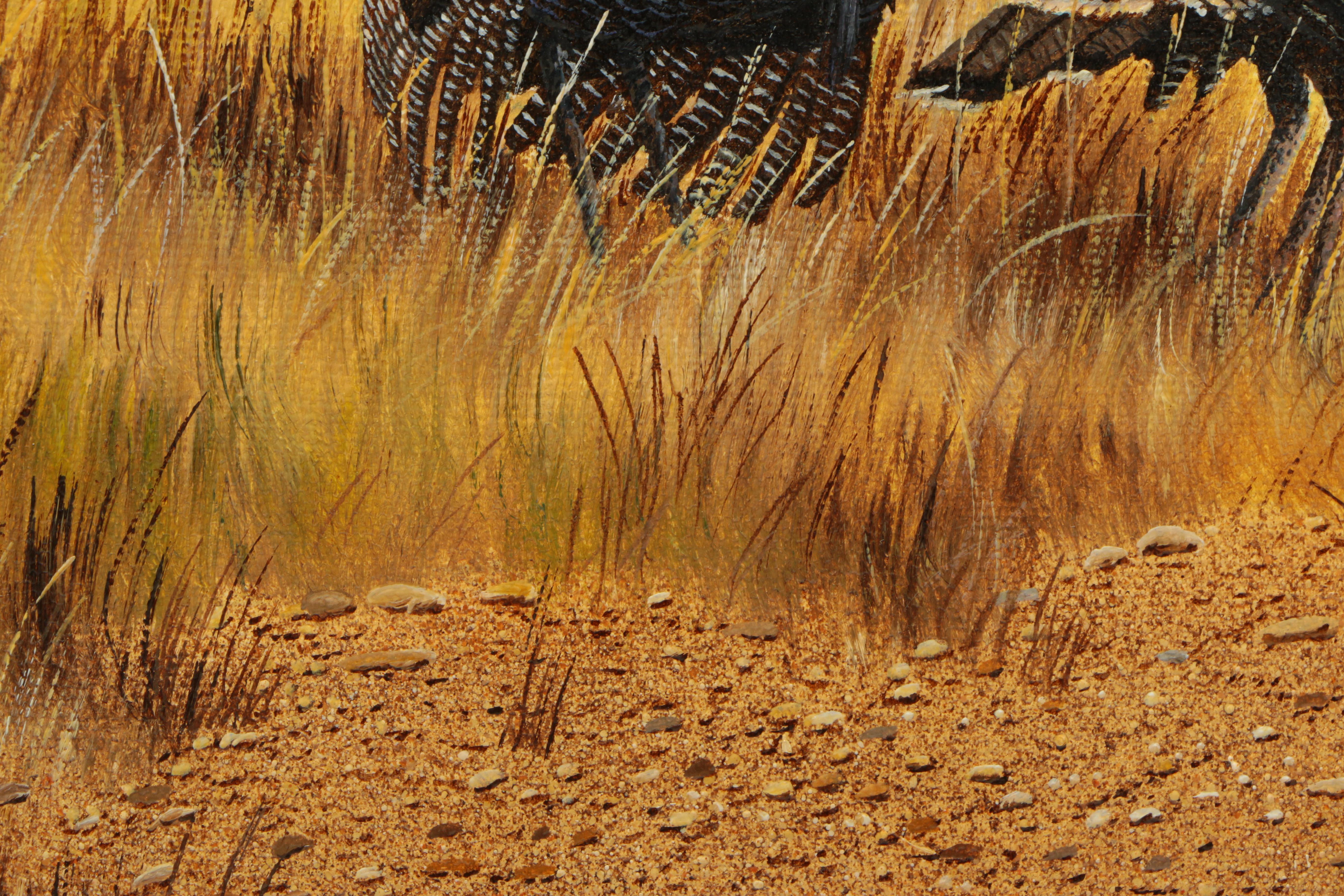 Manuel Garza Oil Painting on Canvas of Wild Turkeys in a Field of Yellow Grass