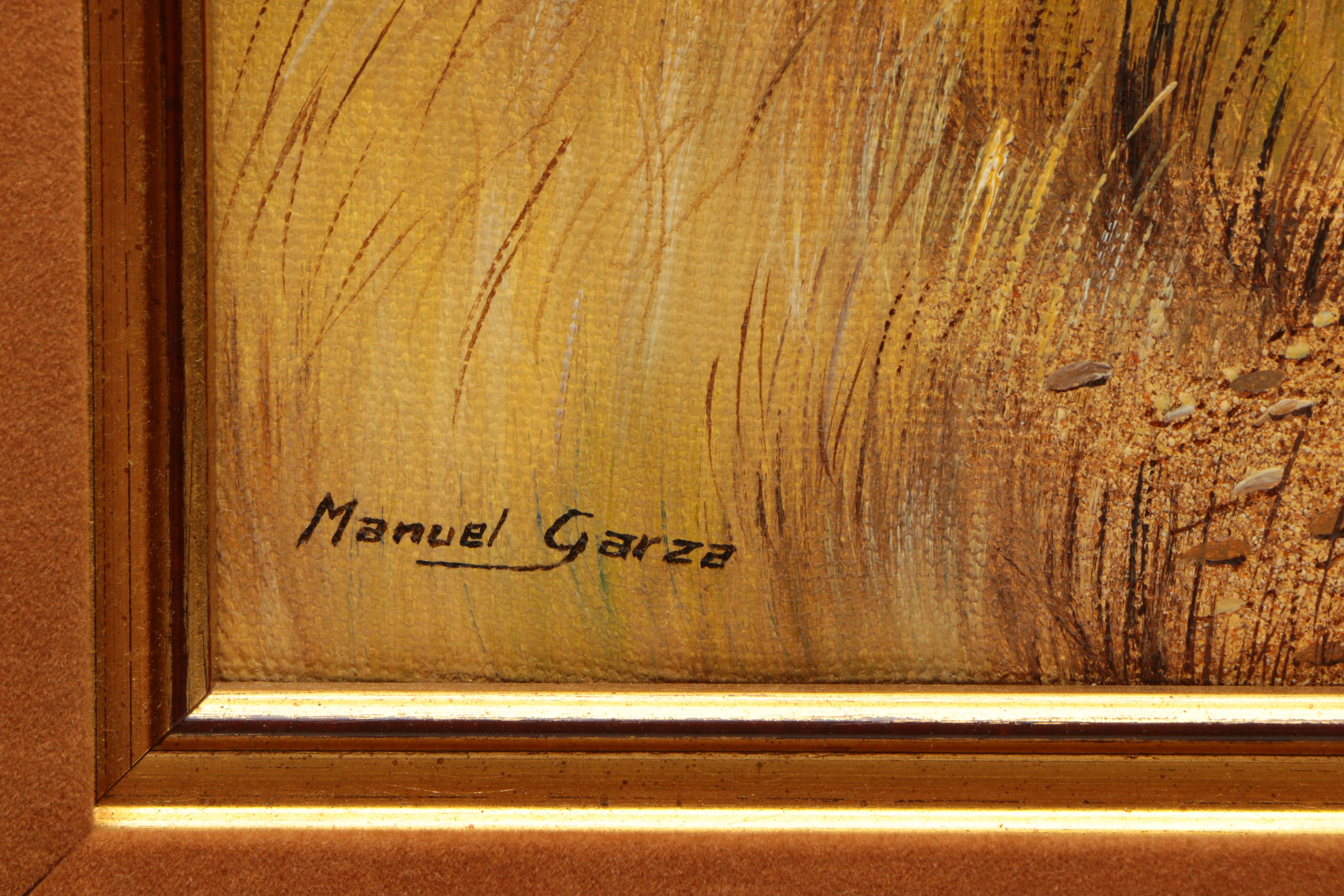 Manuel Garza Oil Painting on Canvas of Wild Turkeys in a Field of Yellow Grass