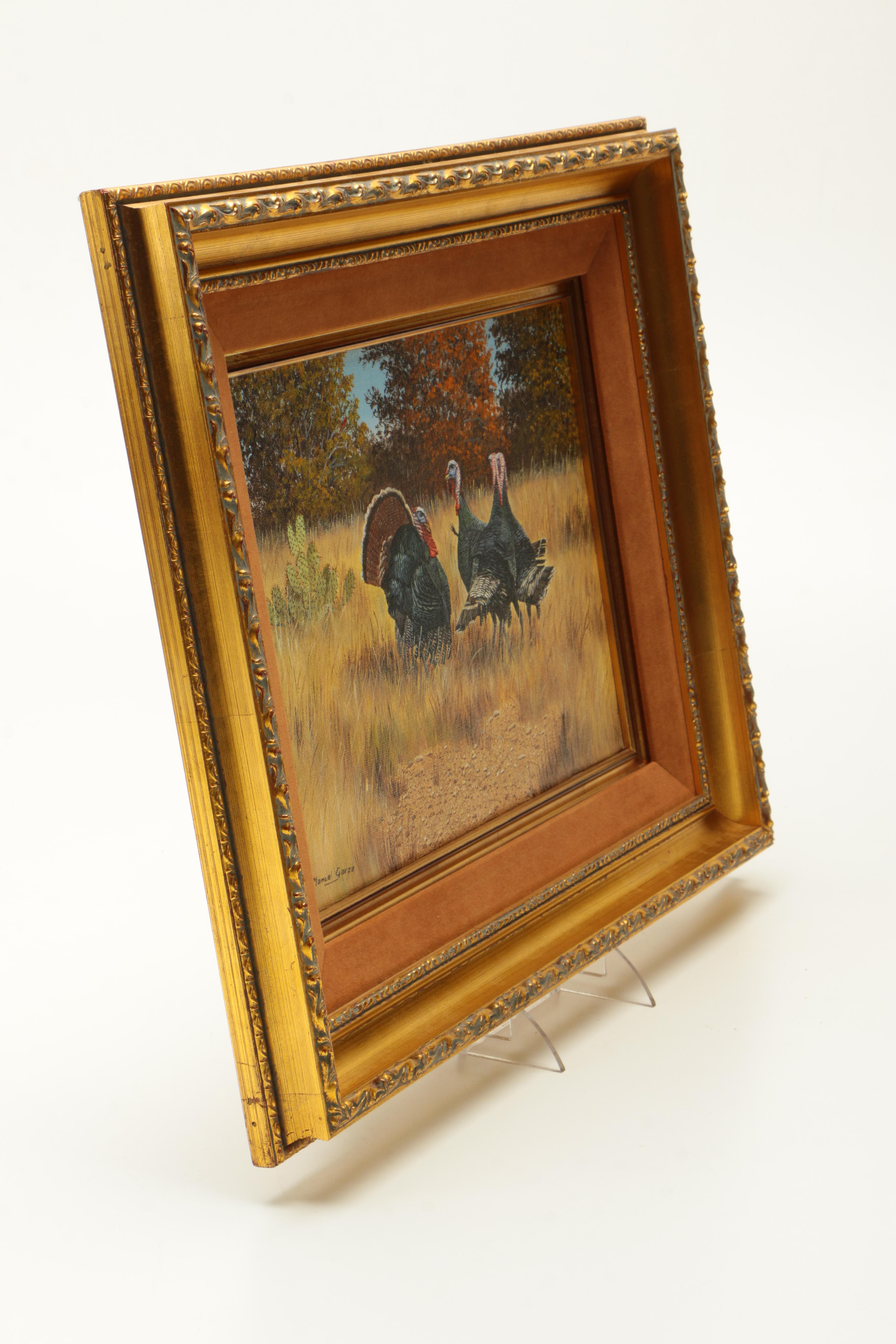 Manuel Garza Oil Painting on Canvas of Wild Turkeys in a Field of Yellow Grass
