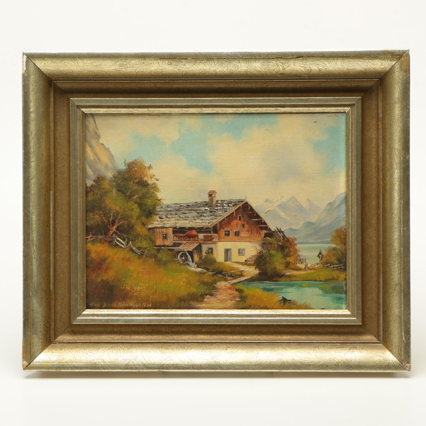 Alois Biebl 1952 Oil Painting on Canvas of Bavarian Alpine Chalet