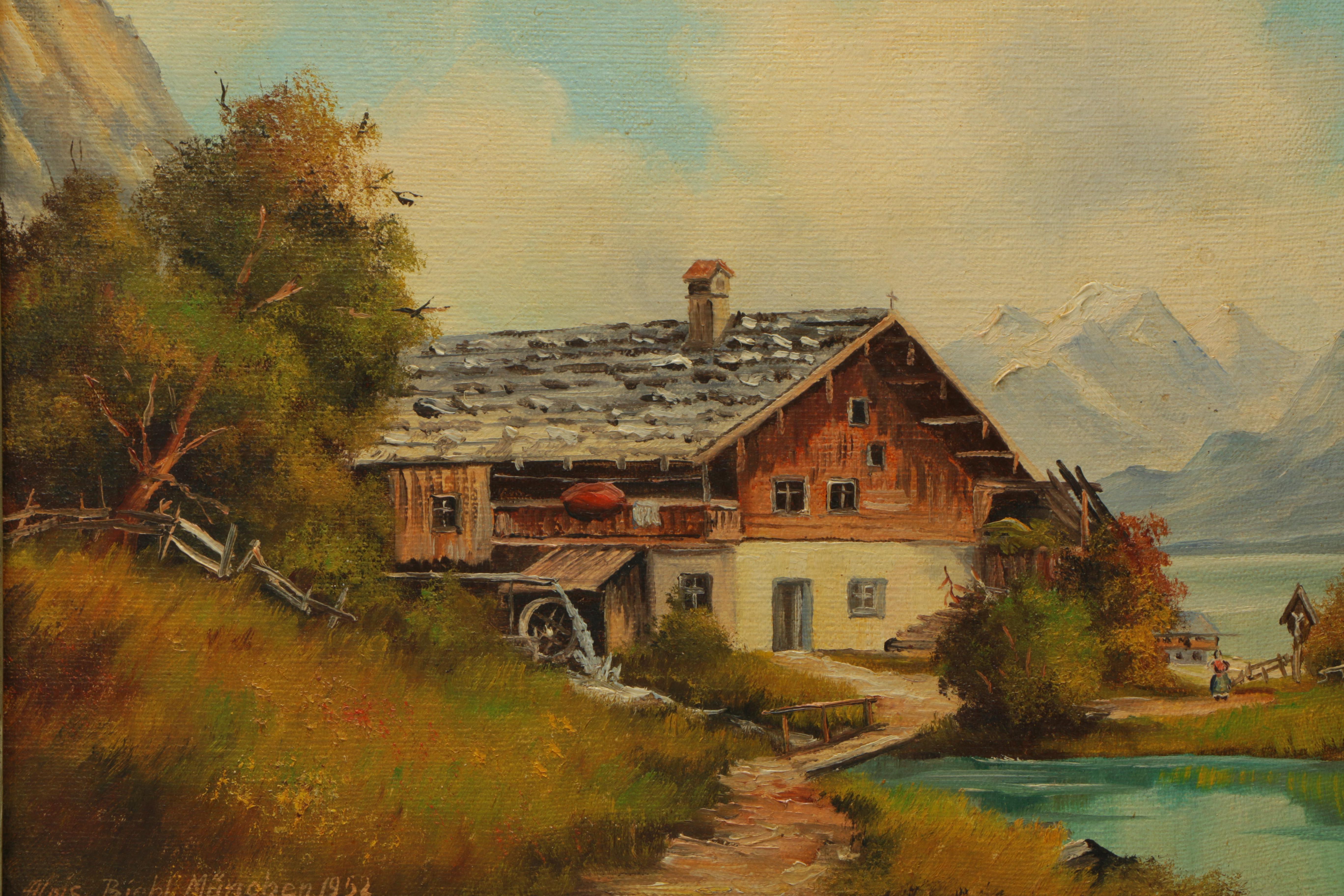 Alois Biebl 1952 Oil Painting on Canvas of Bavarian Alpine Chalet