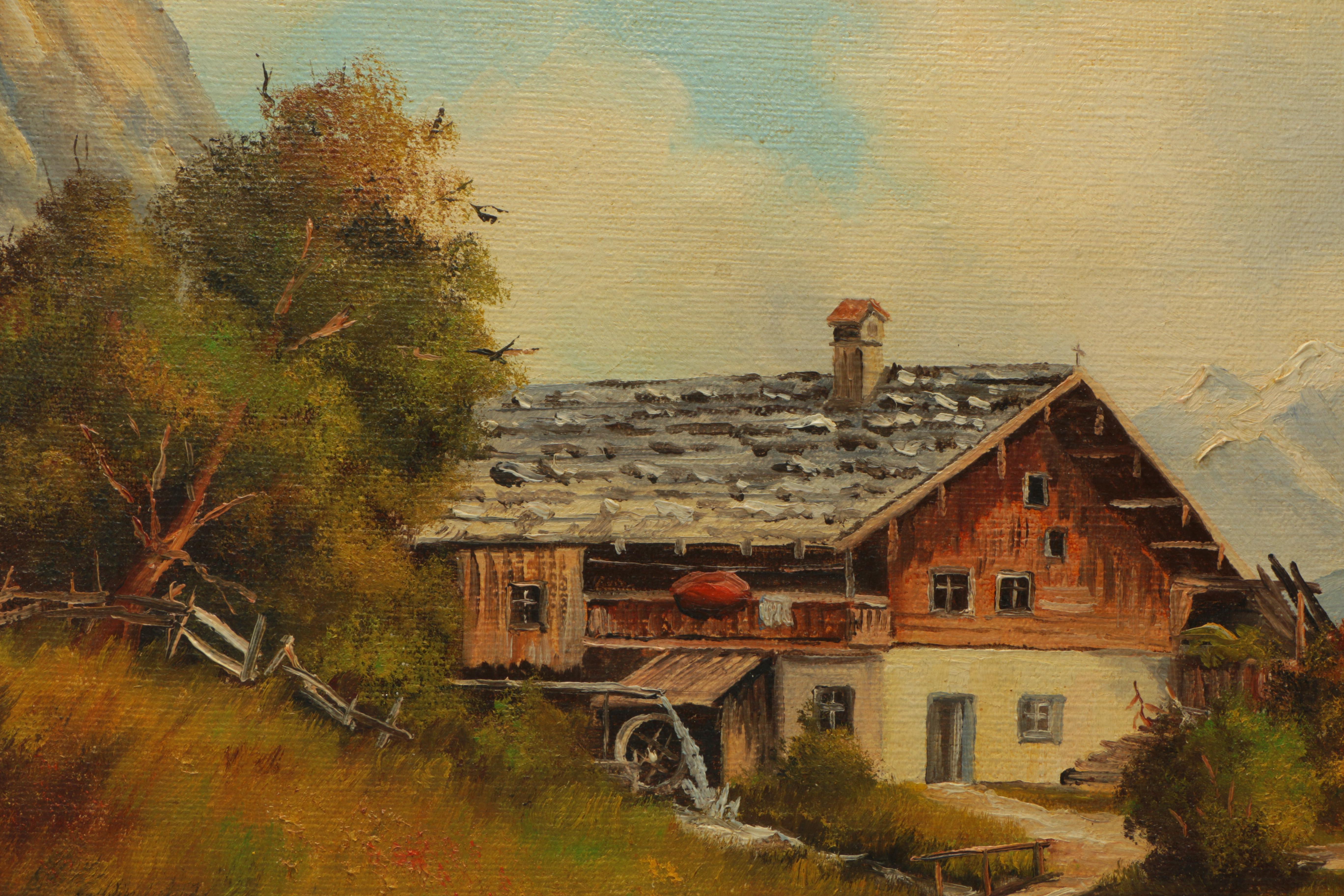 Alois Biebl 1952 Oil Painting on Canvas of Bavarian Alpine Chalet