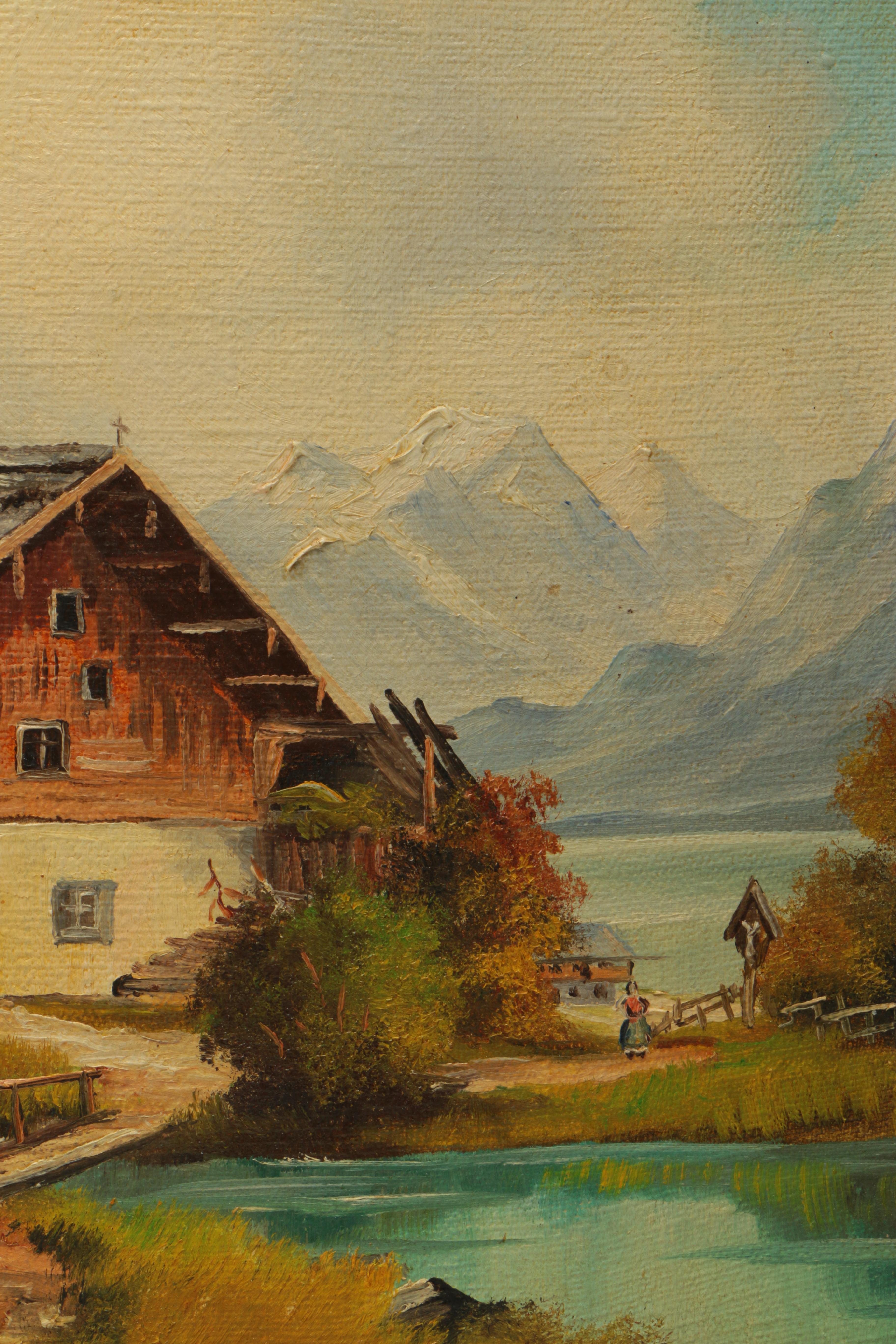 Alois Biebl 1952 Oil Painting on Canvas of Bavarian Alpine Chalet