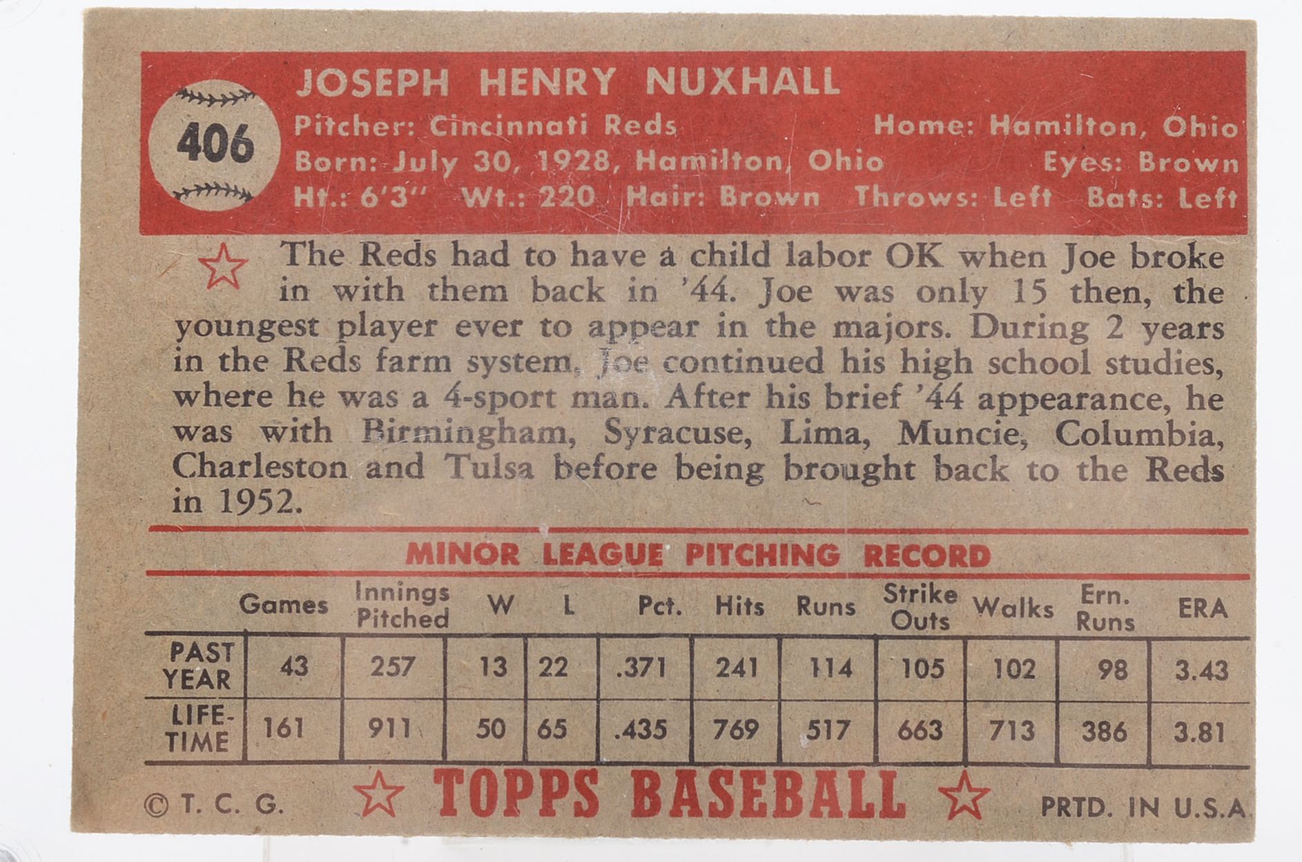 1952 Joe Nuxhall Cincinnati Reds Topps "Rookie" High # Baseball Card