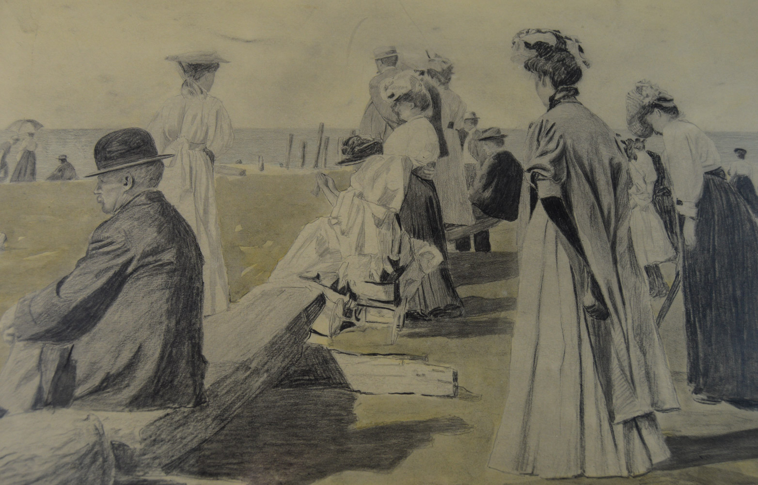 Victorian Beach Scene Black-and-White Watercolor and Pencil