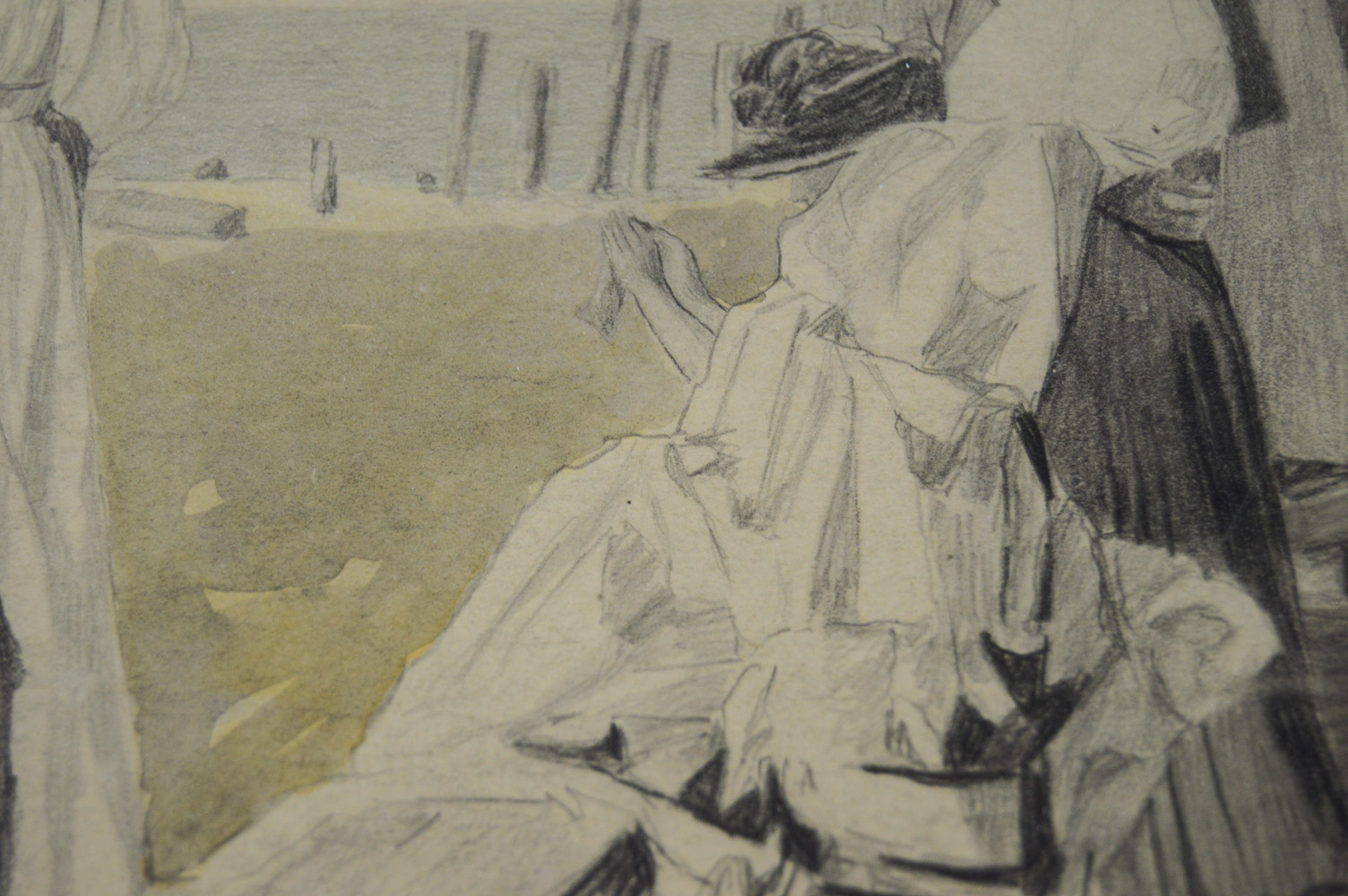 Victorian Beach Scene Black-and-White Watercolor and Pencil