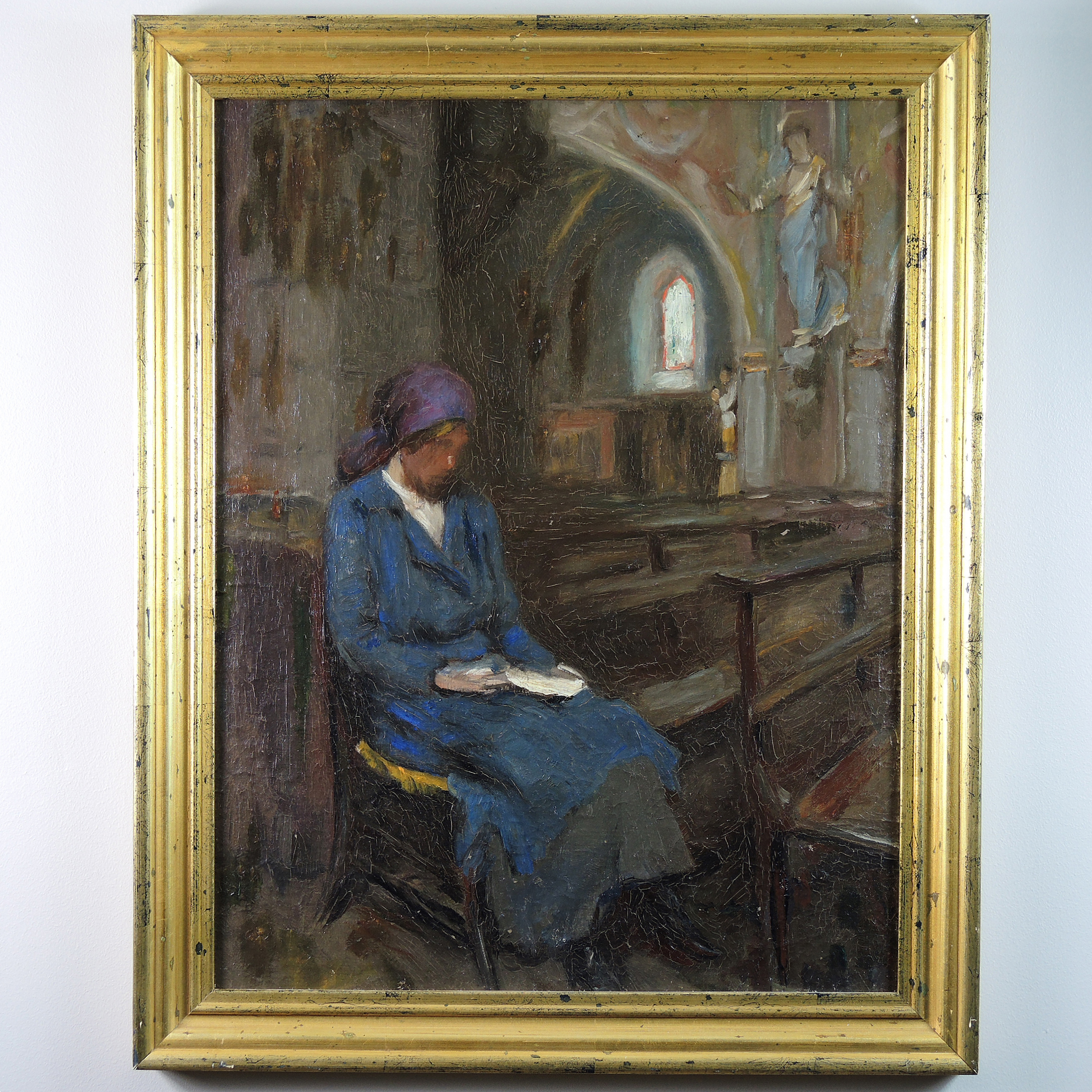 Oil Painting on Board of a Sitting Woman in Catholic Church