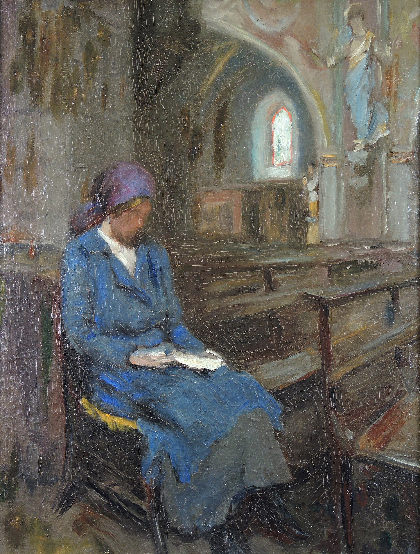 Oil Painting on Board of a Sitting Woman in Catholic Church
