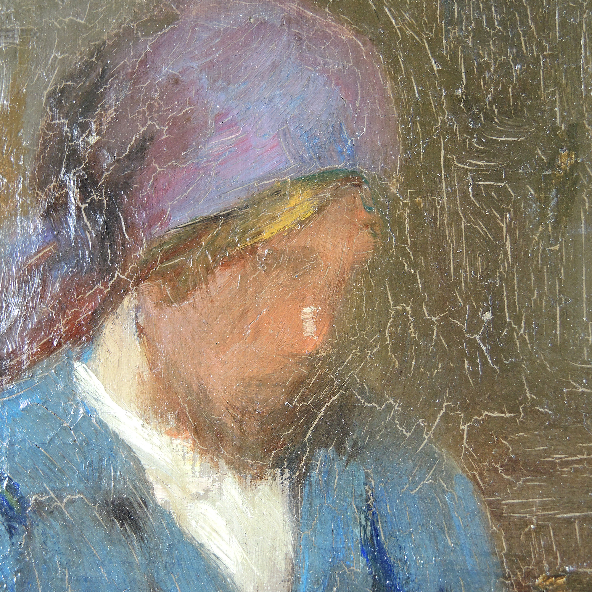 Oil Painting on Board of a Sitting Woman in Catholic Church