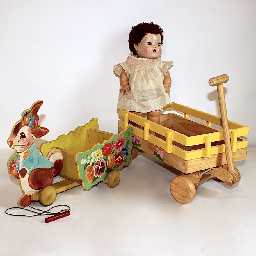 Vintage Decorative Wood Play Wagons with Doll