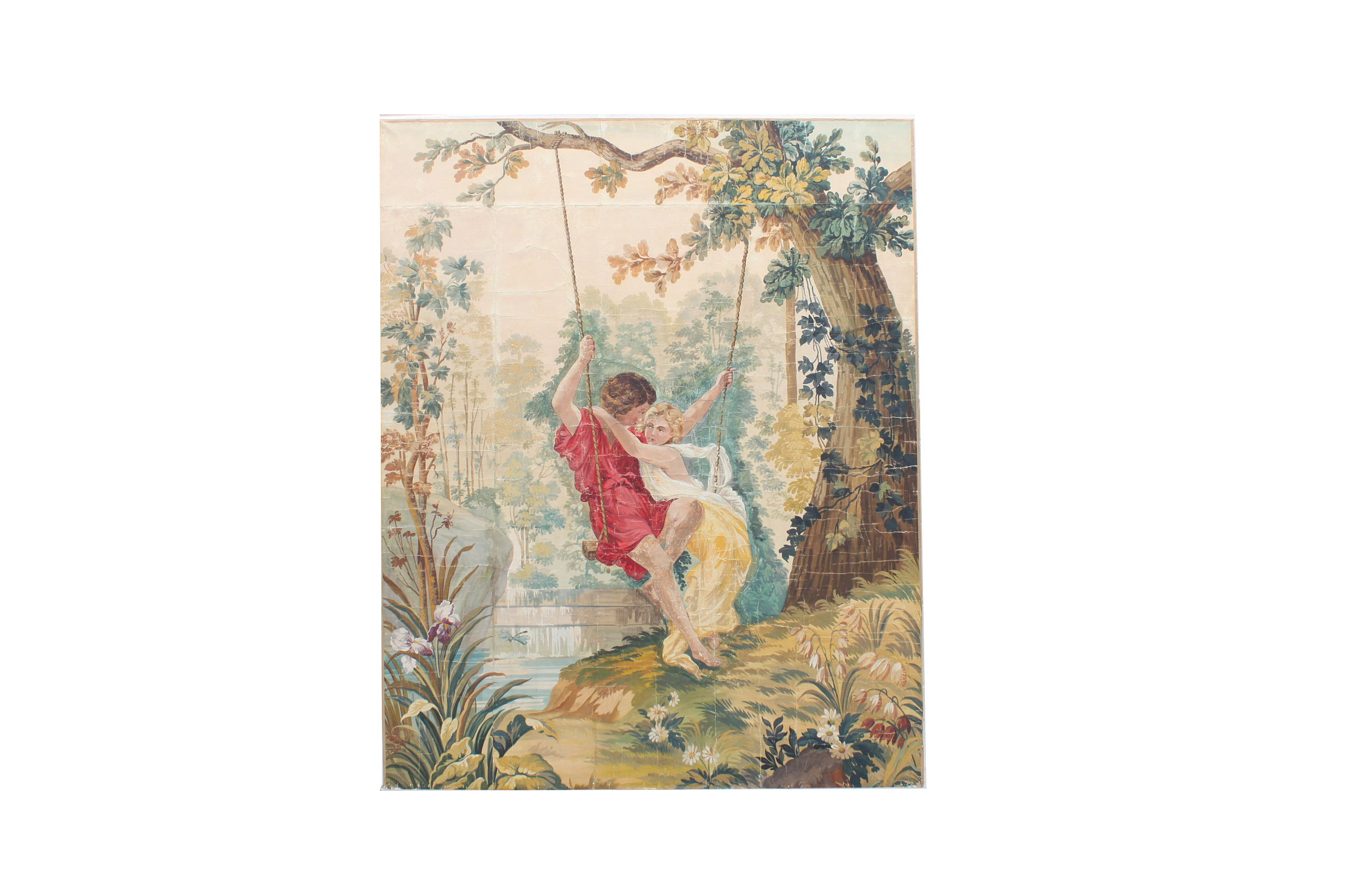 Substantial Antique French Gouache Painting of Figures on a Woodland Swing