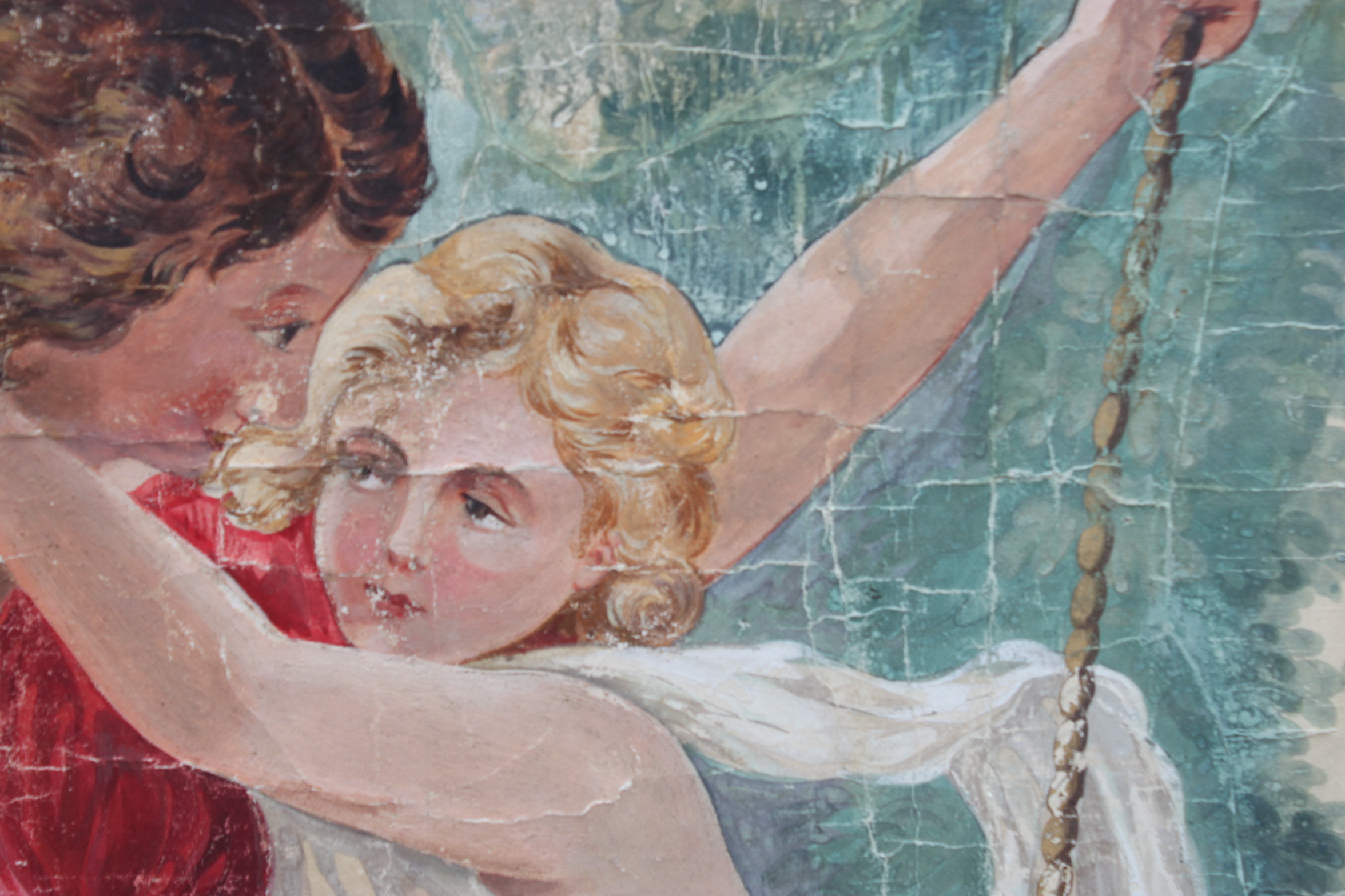 Substantial Antique French Gouache Painting of Figures on a Woodland Swing