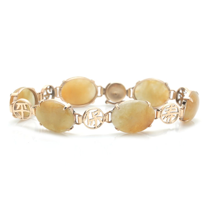 Chinese 14K Yellow Gold Jadeite Bracelet
