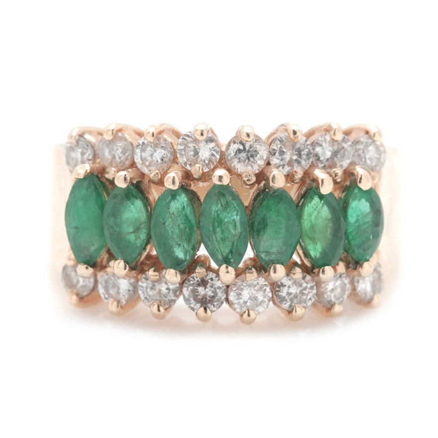 14K Yellow Gold Emerald and Diamond Ring