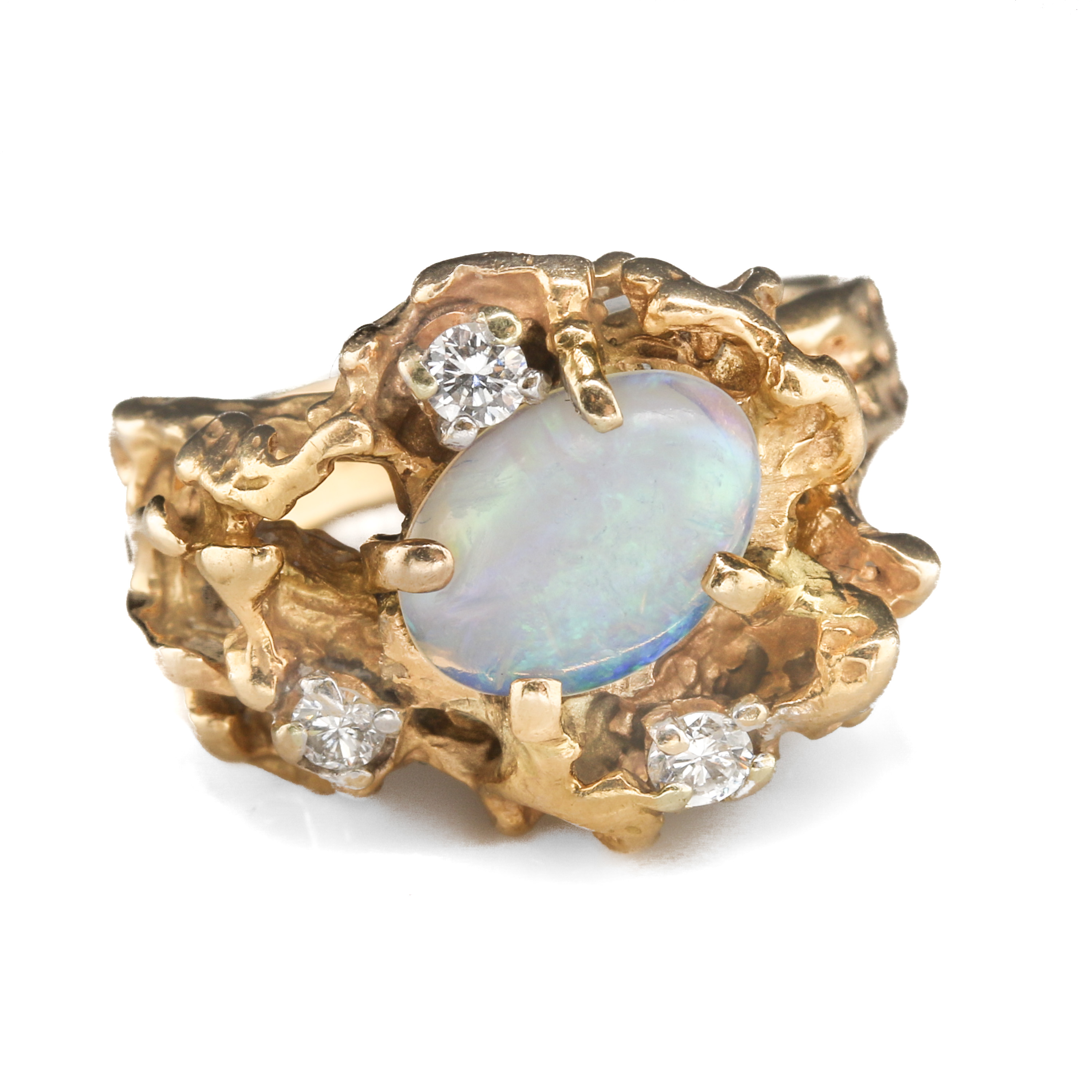Brutalist Style 14K Yellow Gold Opal and Diamond Ring