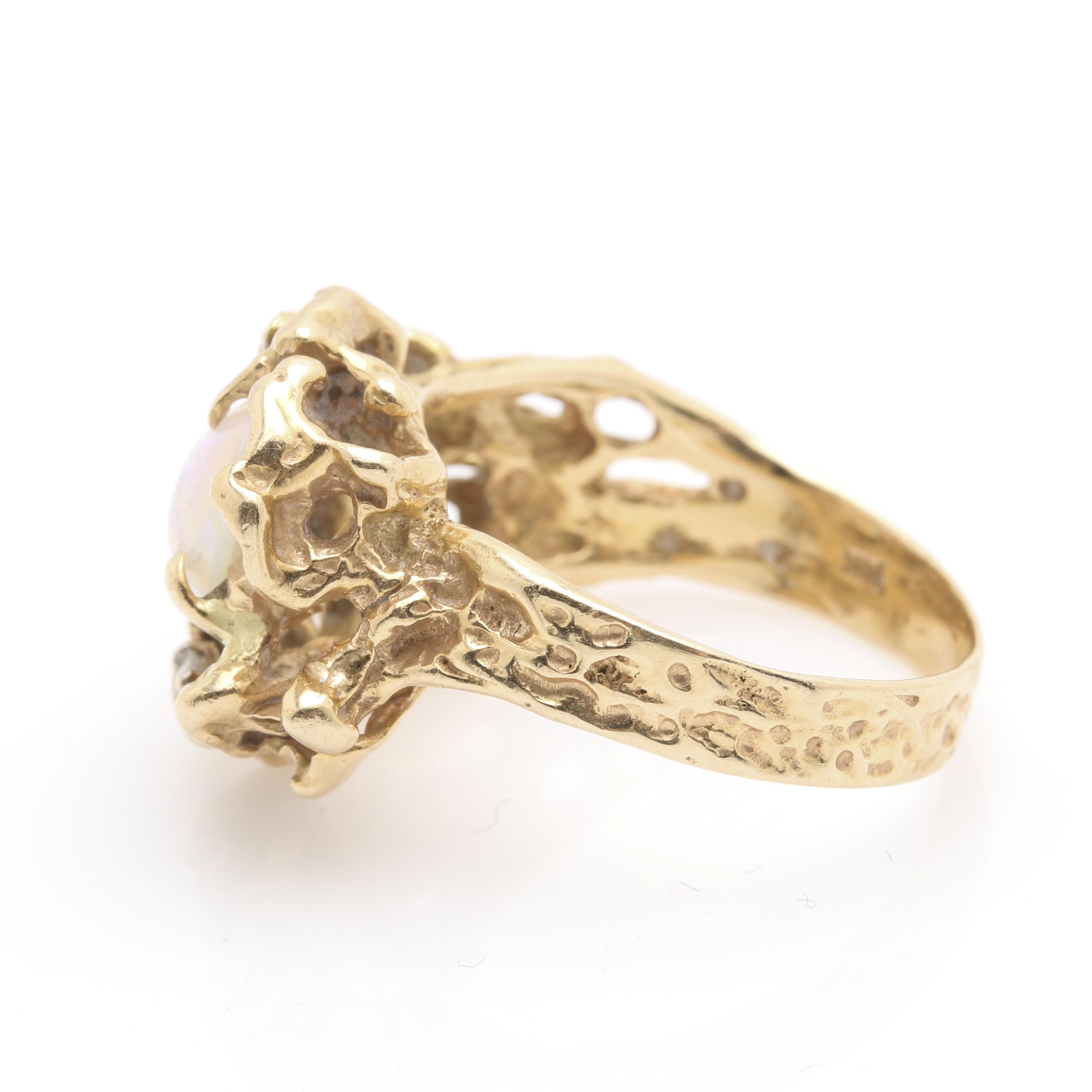 Brutalist Style 14K Yellow Gold Opal and Diamond Ring