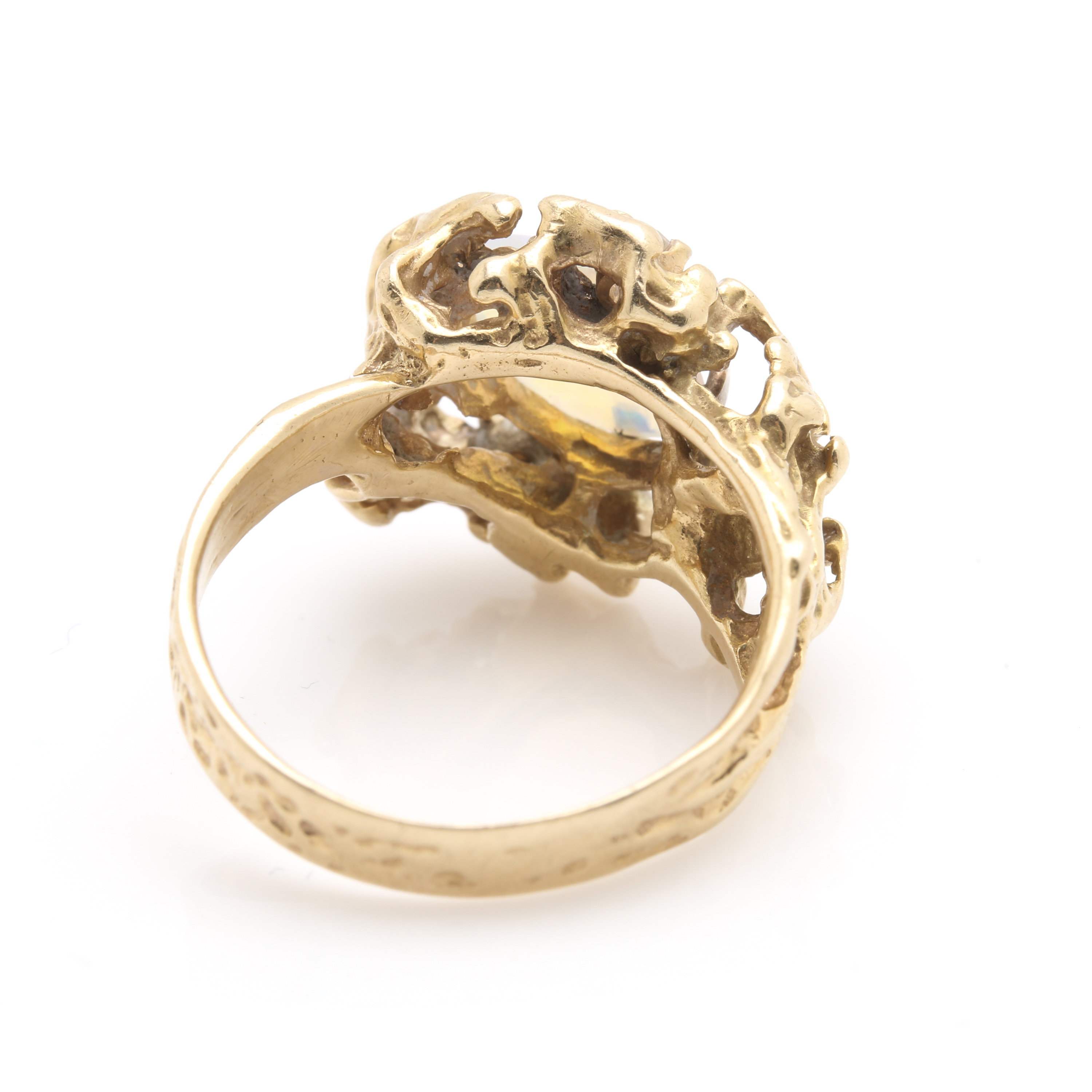 Brutalist Style 14K Yellow Gold Opal and Diamond Ring