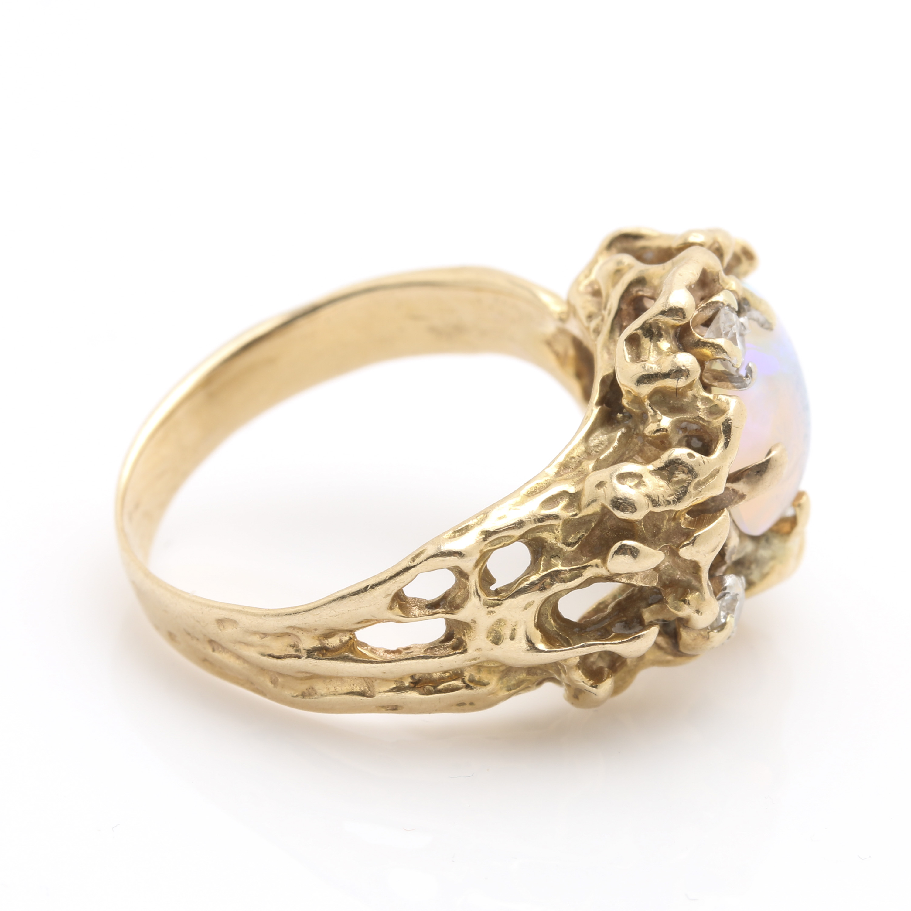 Brutalist Style 14K Yellow Gold Opal and Diamond Ring