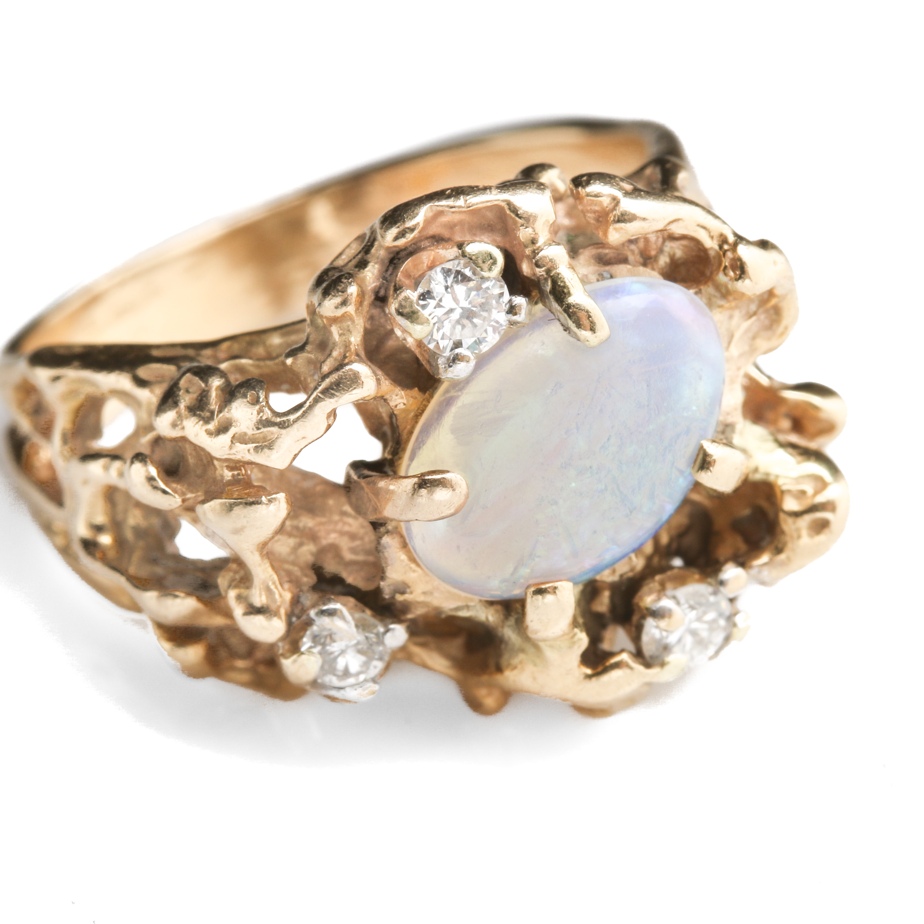 Brutalist Style 14K Yellow Gold Opal and Diamond Ring