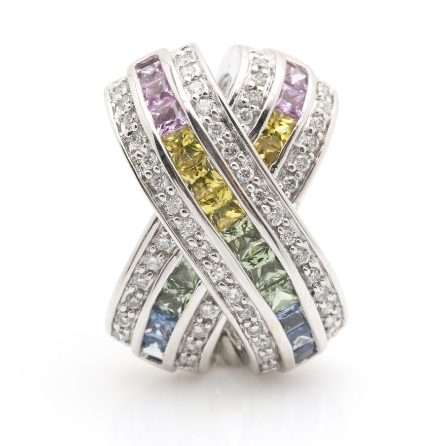 14K White Gold Multi-Colored Sapphire and Diamond Slide Pendant