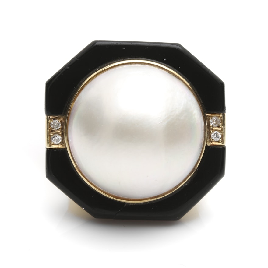 14K Yellow Gold Mabè Pearl, Onyx and Diamond Ring