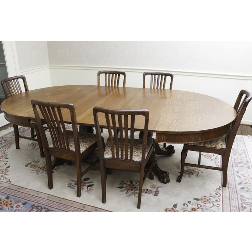 Tiger Oak Pedestal Dining Table and Chairs