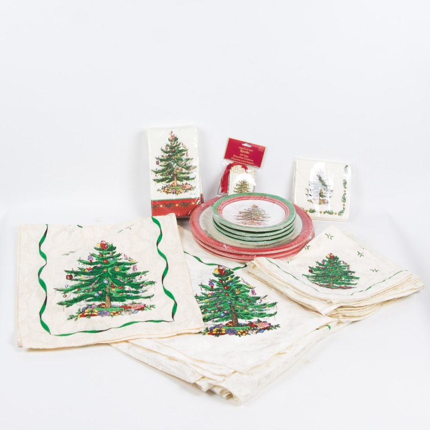 Spode Christmas Tree Table Cloths, Napkins, & Paper Plates