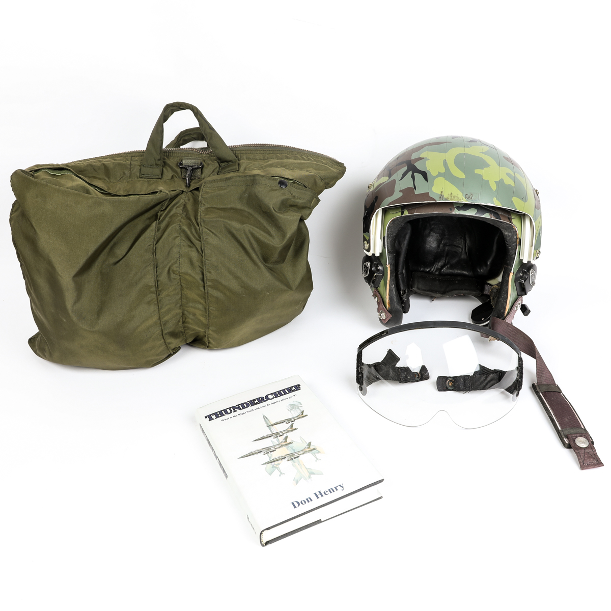 Vietnam War Fighter Pilot Helmet with Bag and "Thunderchief" by Don Henry