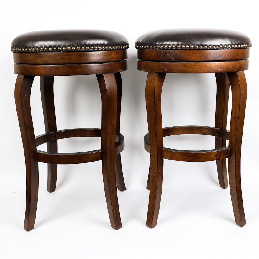 Two Wood and Leather Bar Stools